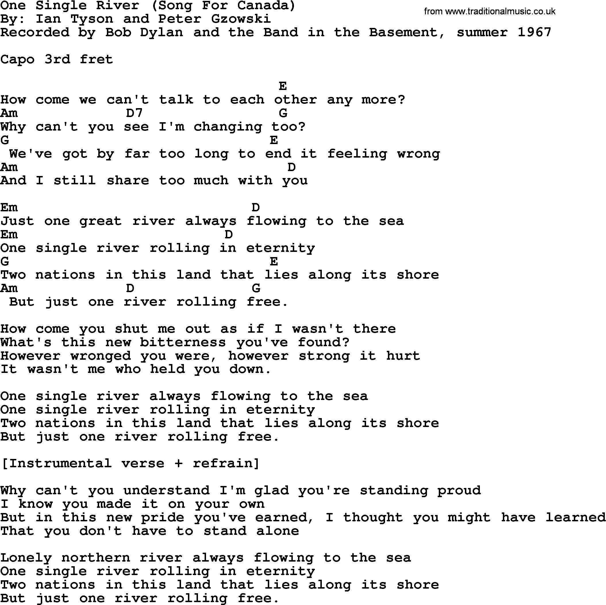 Bob Dylan song, lyrics with chords - One Single River (Song For Canada)