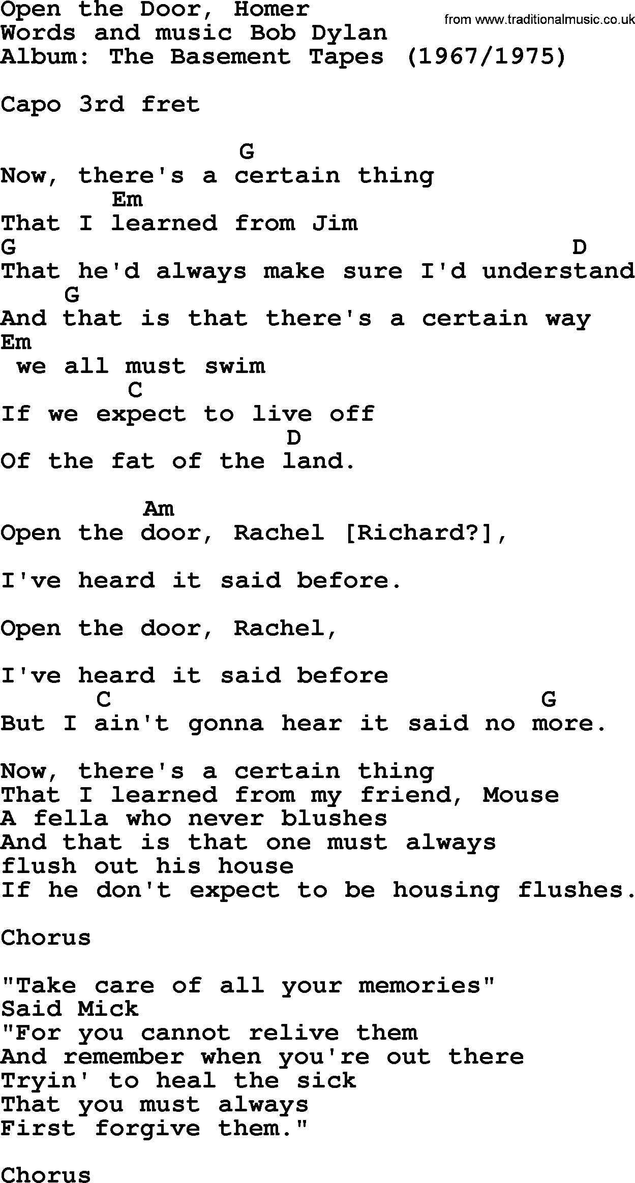 Bob Dylan song, lyrics with chords - Open the Door, Homer