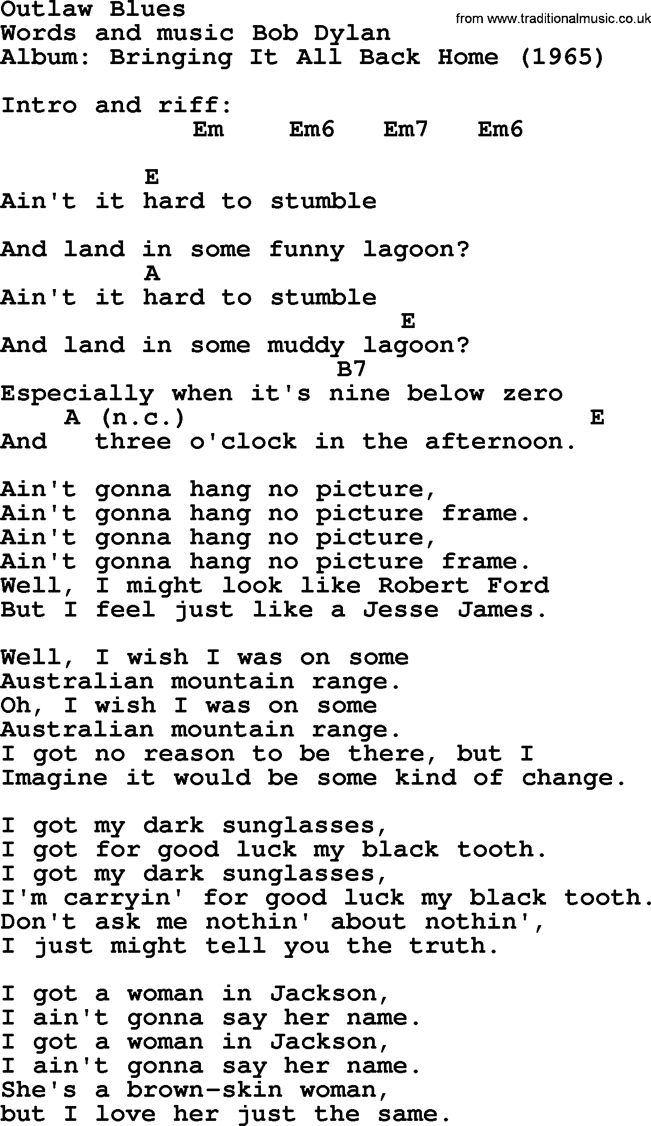 Bob Dylan song, lyrics with chords - Outlaw Blues
