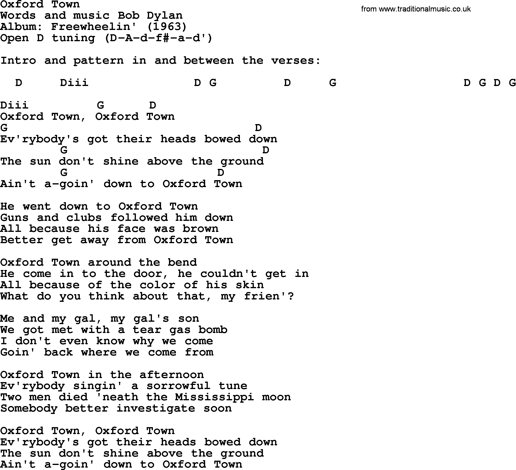 Bob Dylan song, lyrics with chords - Oxford Town
