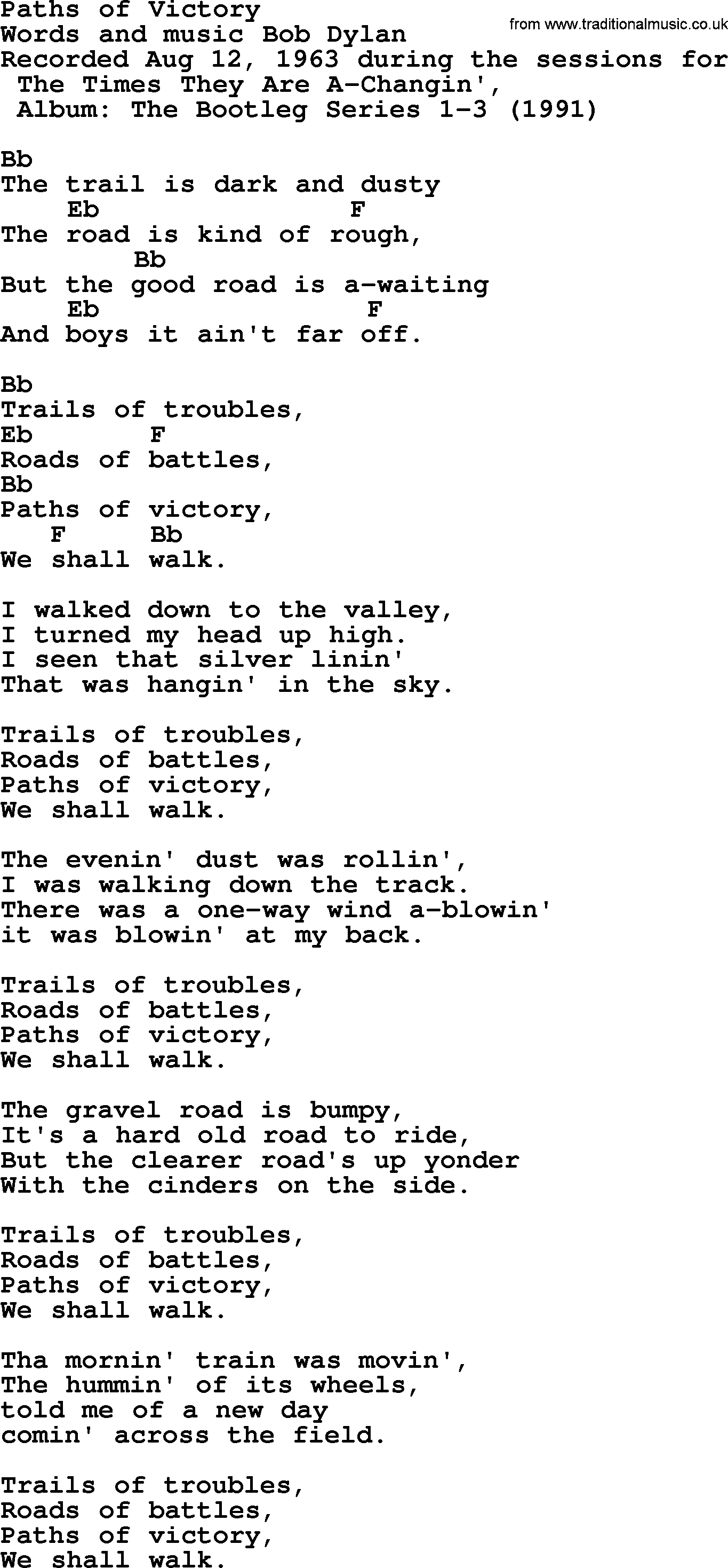 Bob Dylan song, lyrics with chords - Paths of Victory