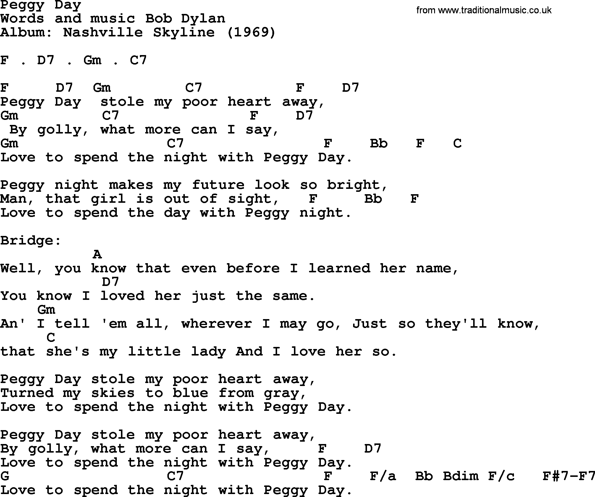 Bob Dylan song, lyrics with chords - Peggy Day