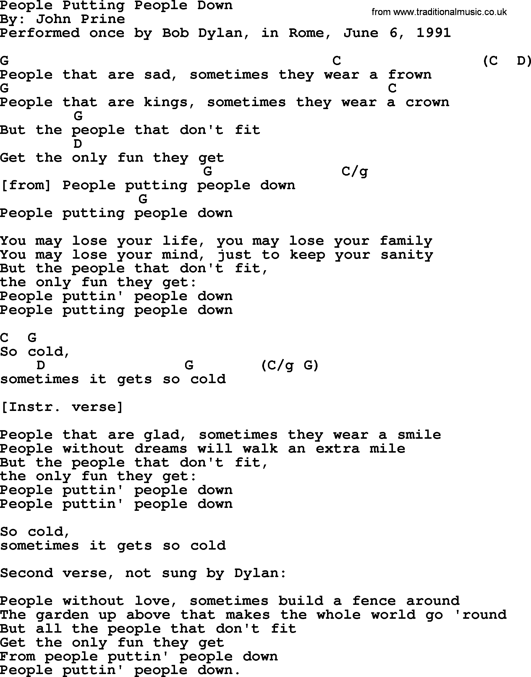 Bob Dylan song, lyrics with chords - People Putting People Down