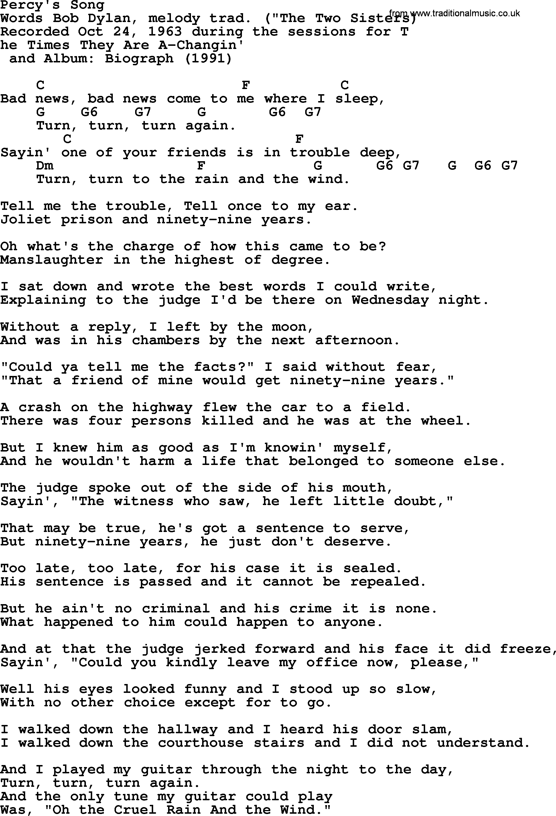 Bob Dylan song, lyrics with chords - Percy's Song
