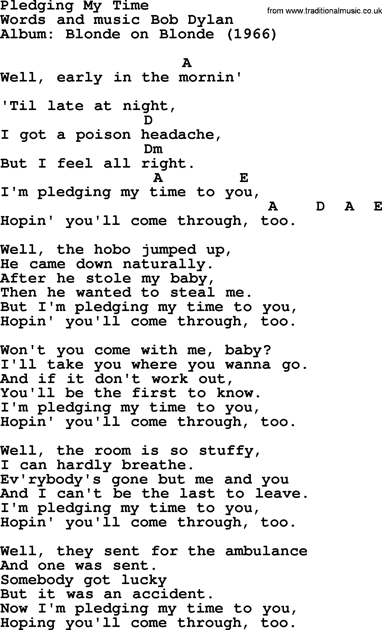 Bob Dylan song, lyrics with chords - Pledging My Time