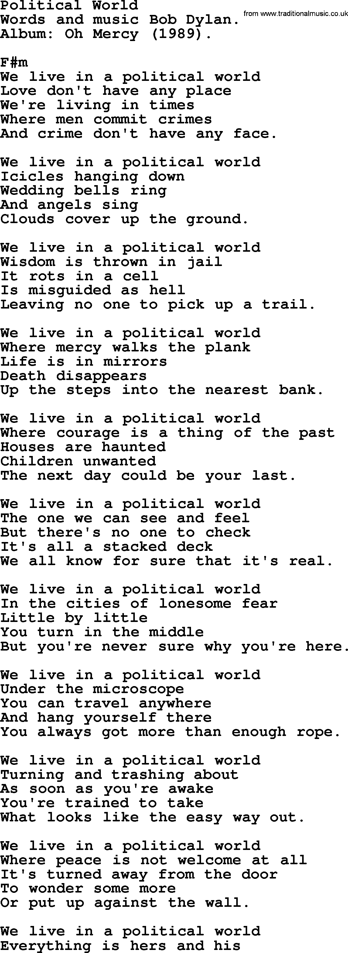 Bob Dylan song, lyrics with chords - Political World