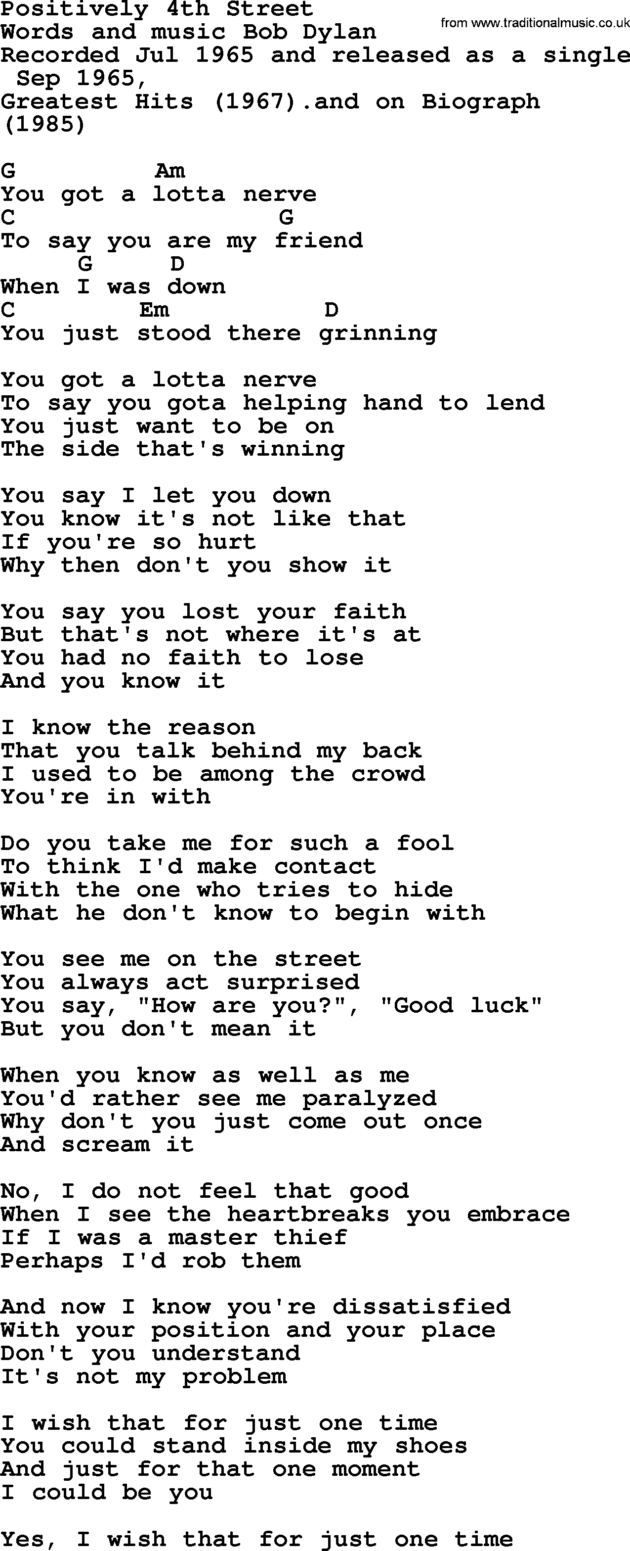 Bob Dylan song, lyrics with chords - Positively 4th Street