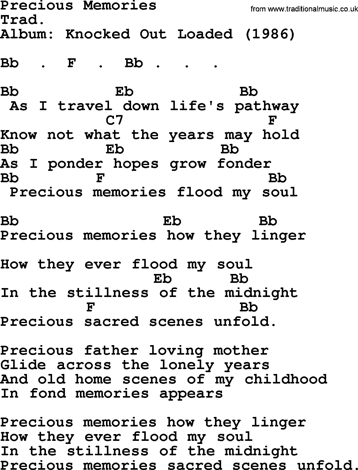 Bob Dylan song, lyrics with chords - Precious Memories