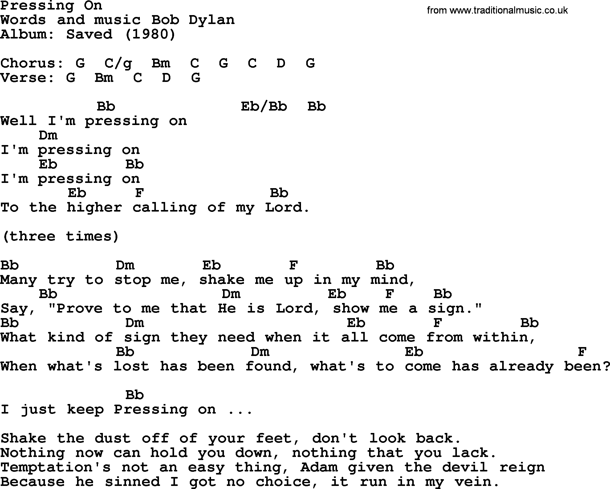 Bob Dylan song, lyrics with chords - Pressing On