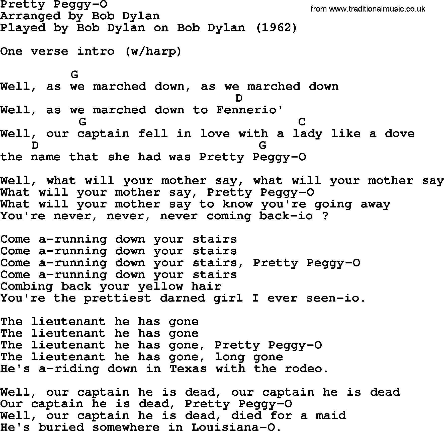 Bob Dylan song, lyrics with chords - Pretty Peggy-O