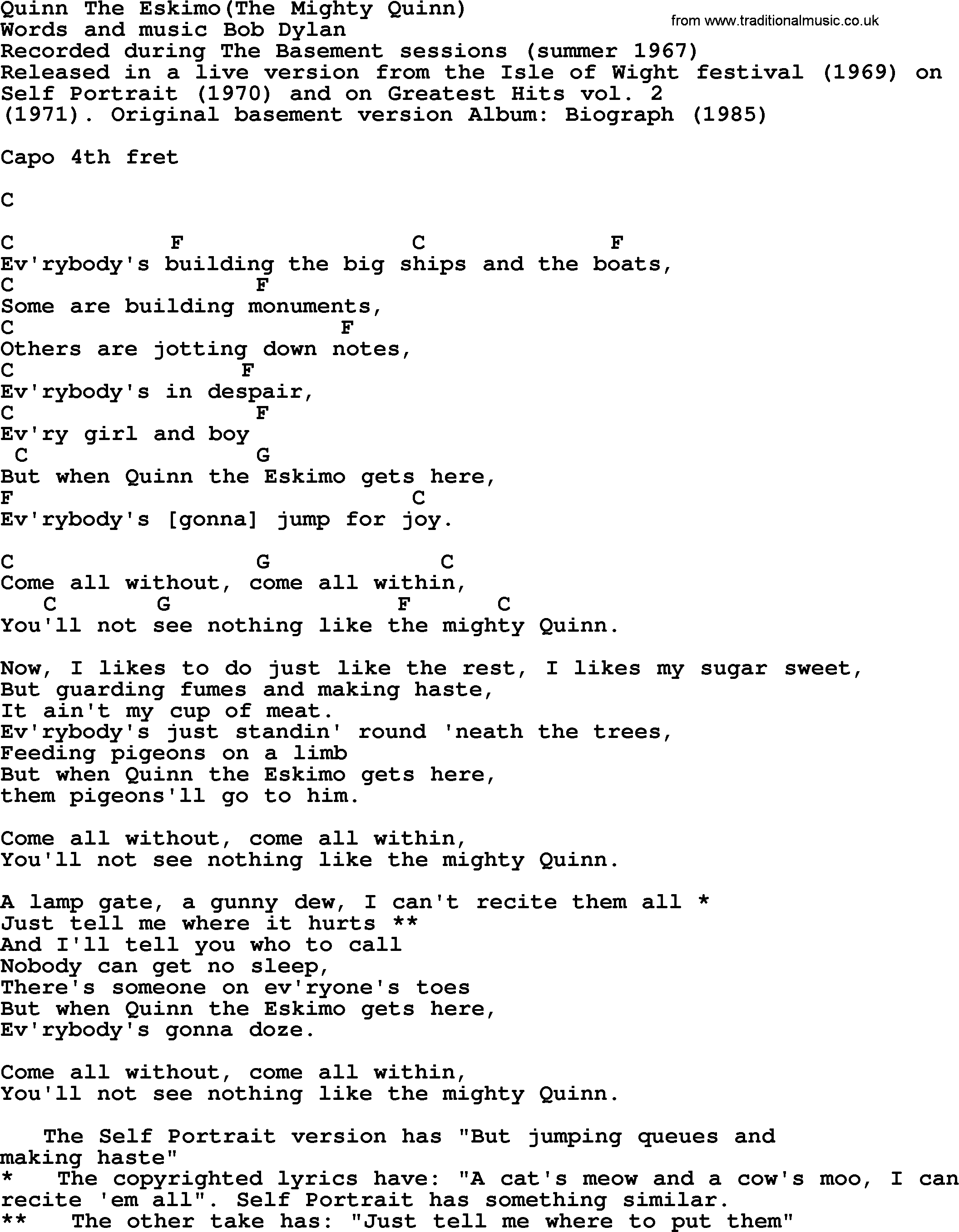 Bob Dylan song, lyrics with chords - Quinn The Eskimo(The Mighty Quinn)