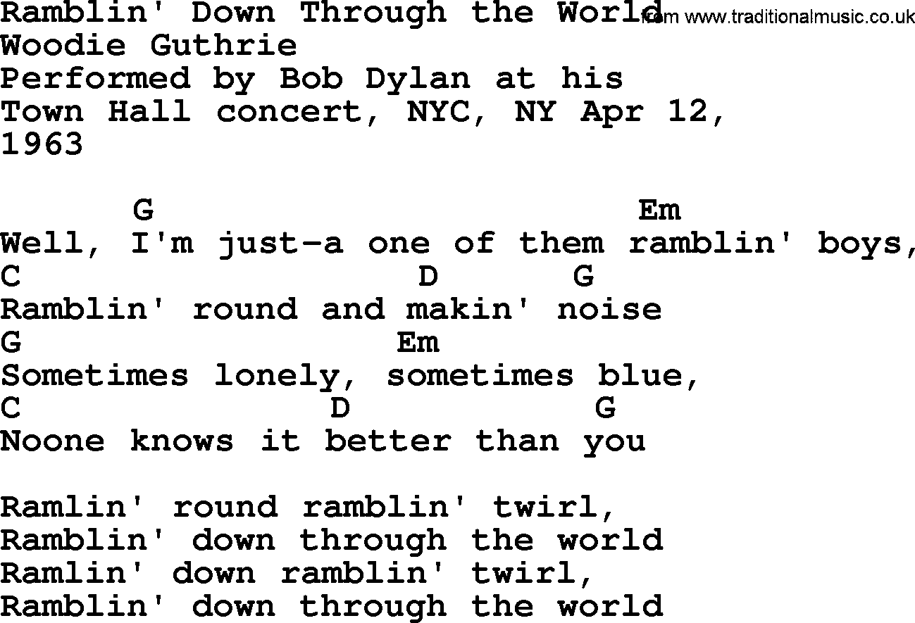 Bob Dylan song, lyrics with chords - Ramblin' Down Through the World