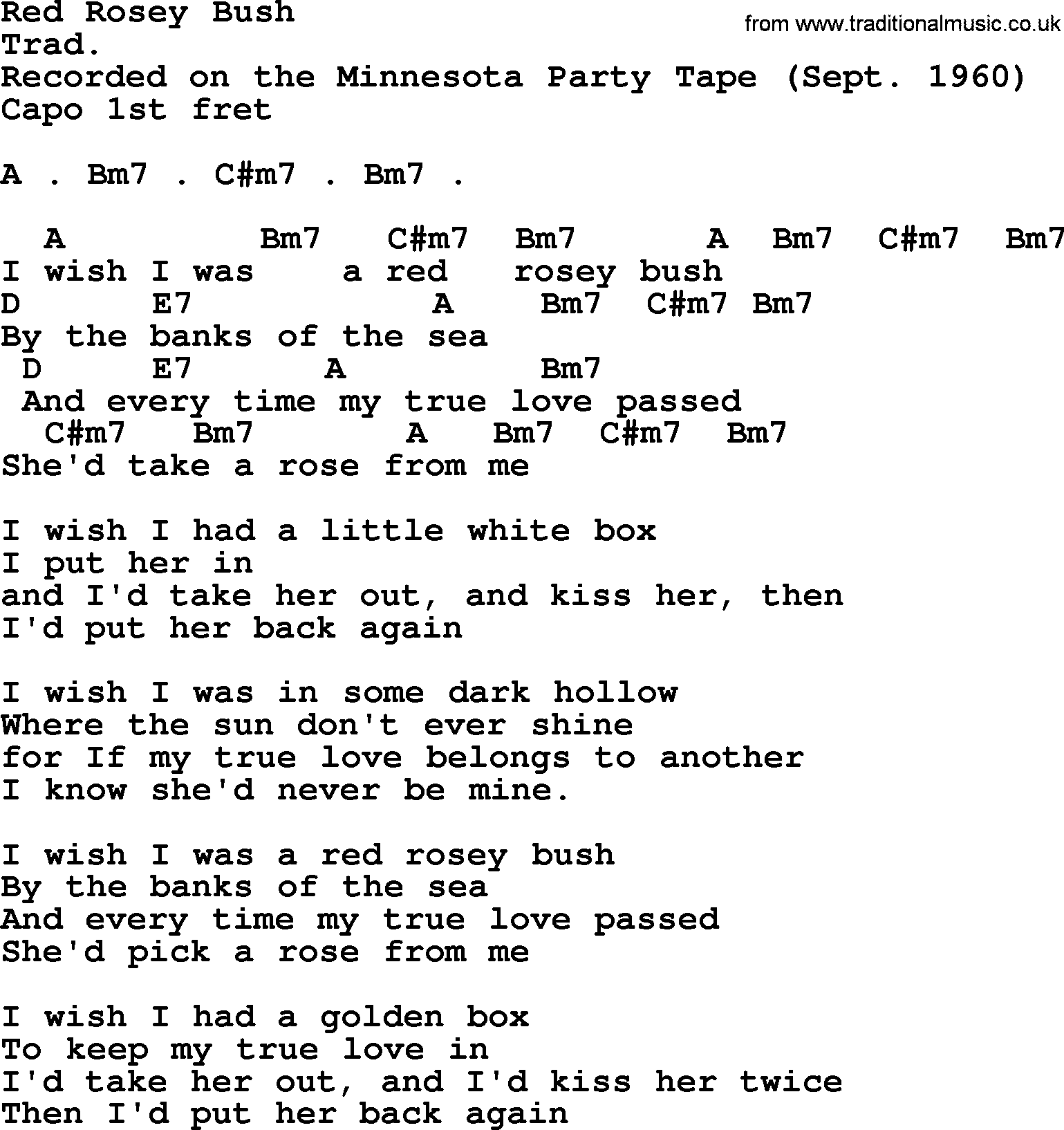 Bob Dylan song, lyrics with chords - Red Rosey Bush