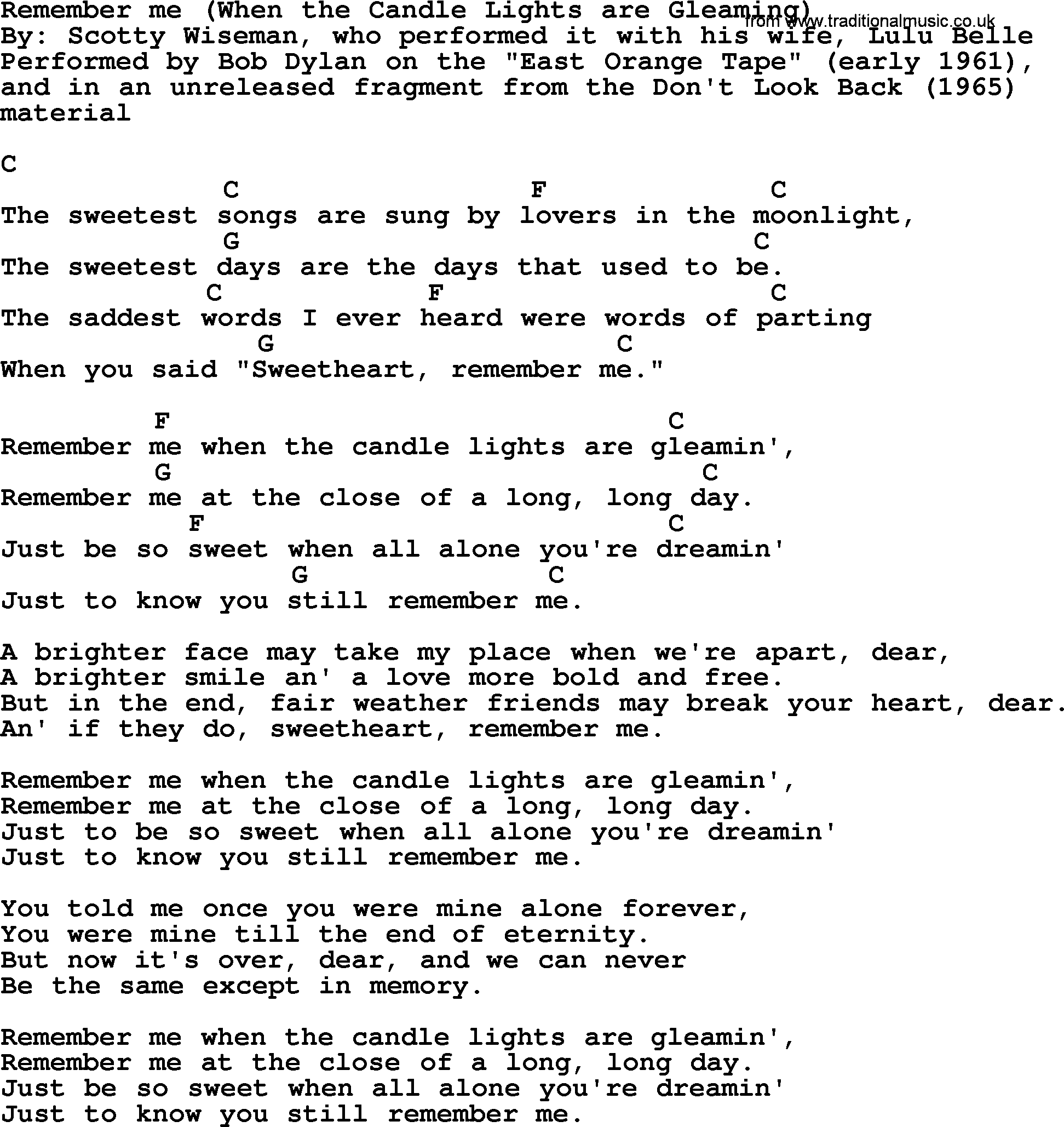 Bob Dylan song, lyrics with chords - Remember me (When the Candle Lights are Gleaming)