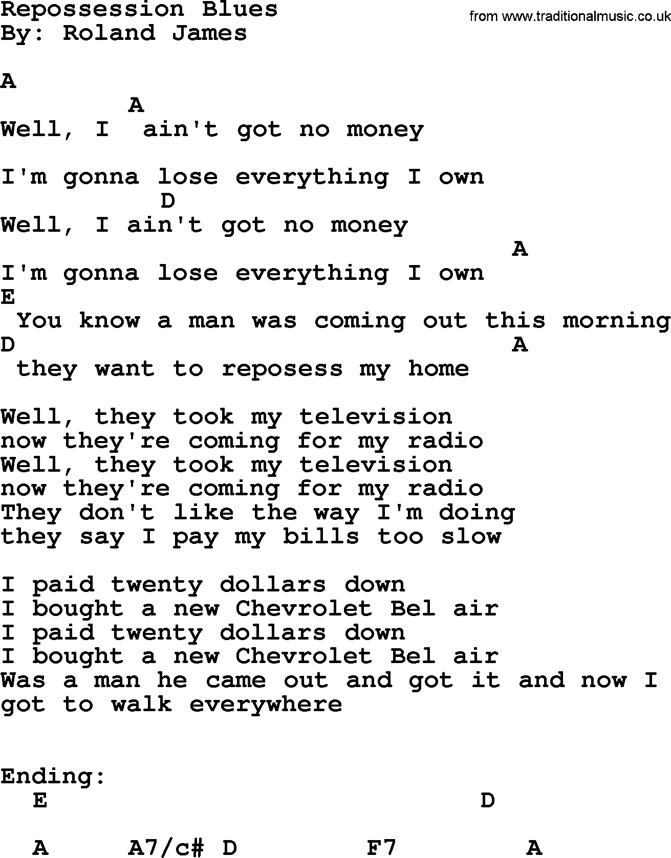 Bob Dylan song, lyrics with chords - Repossession Blues