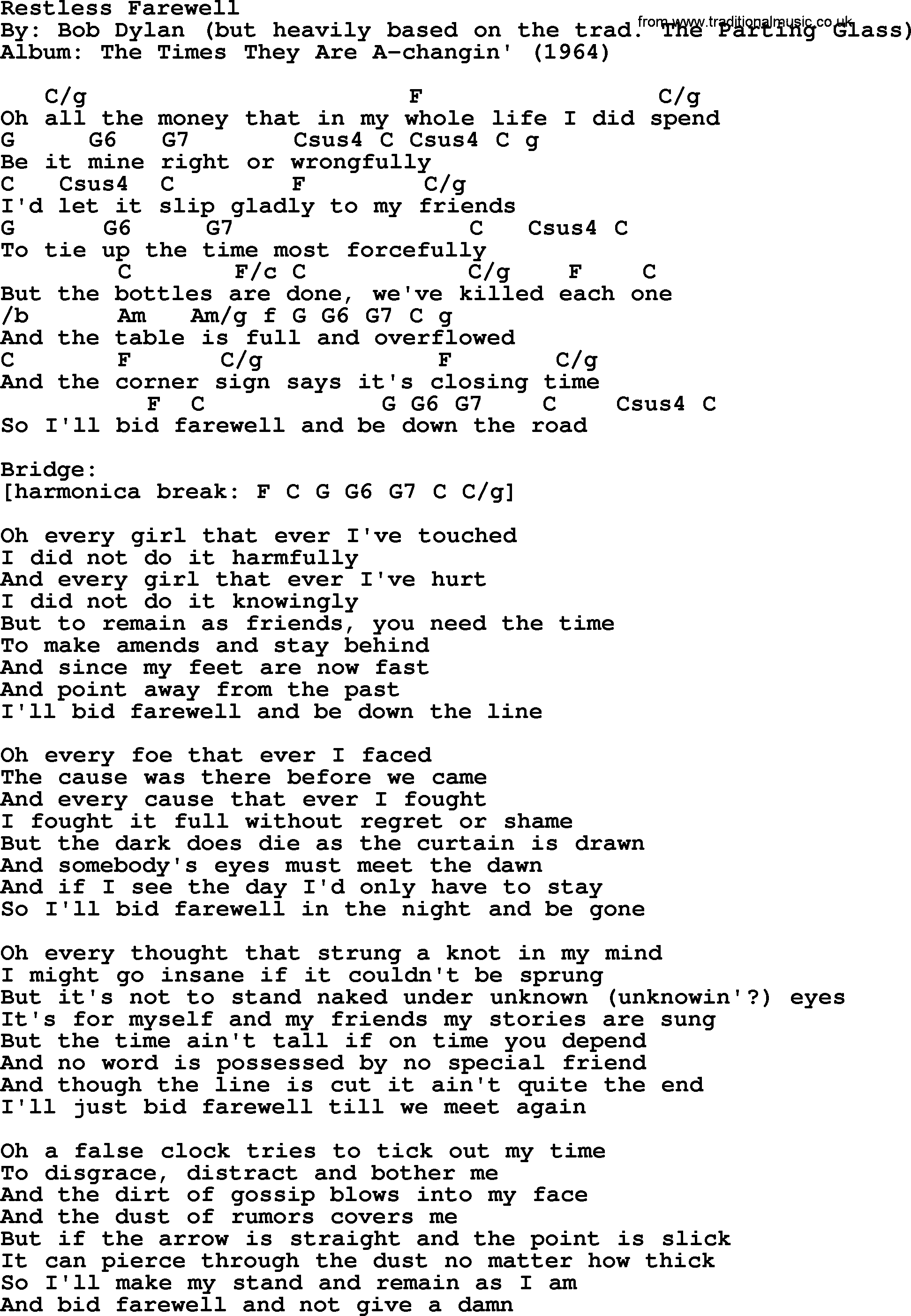 Bob Dylan song, lyrics with chords - Restless Farewell