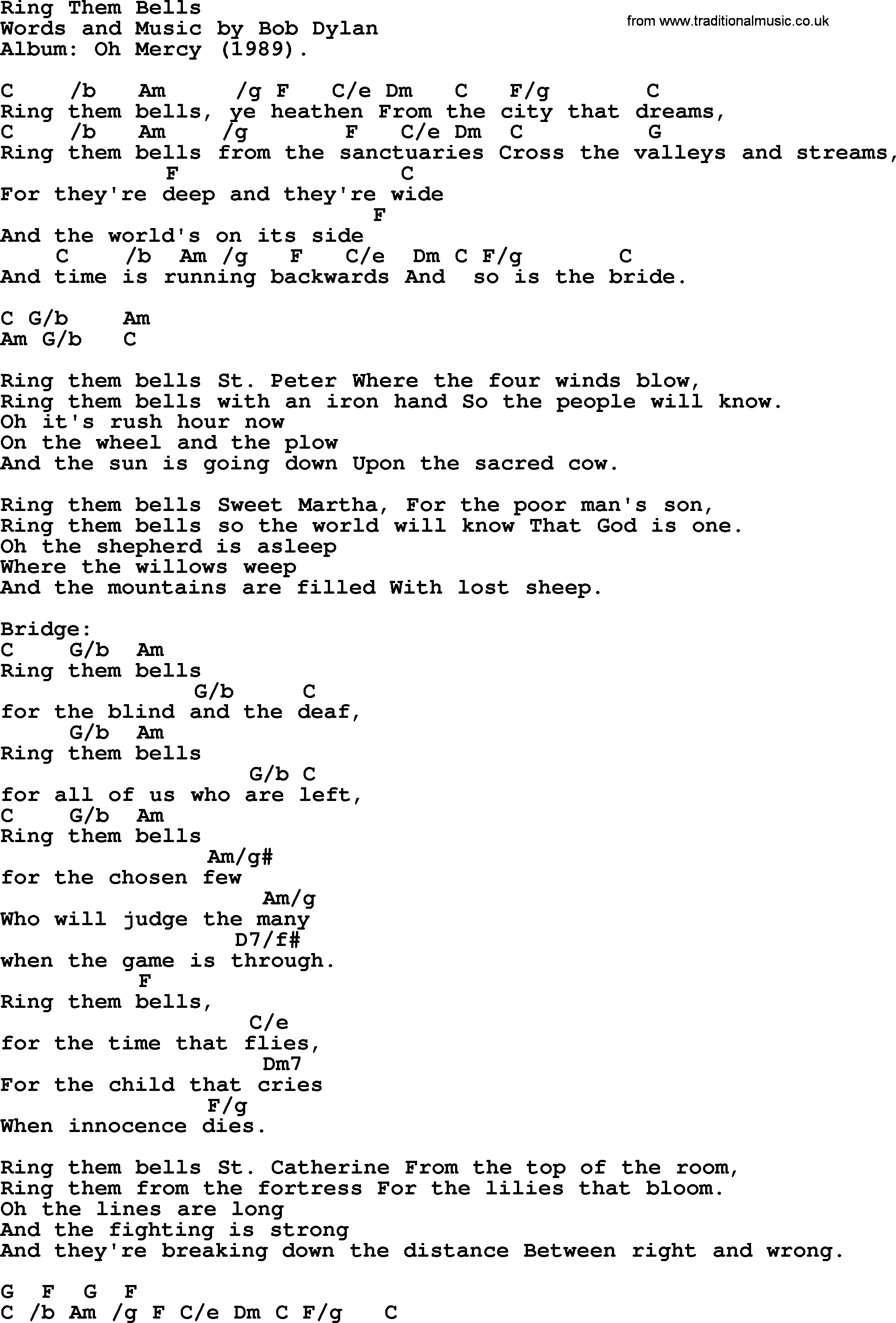 Bob Dylan song, lyrics with chords - Ring Them Bells