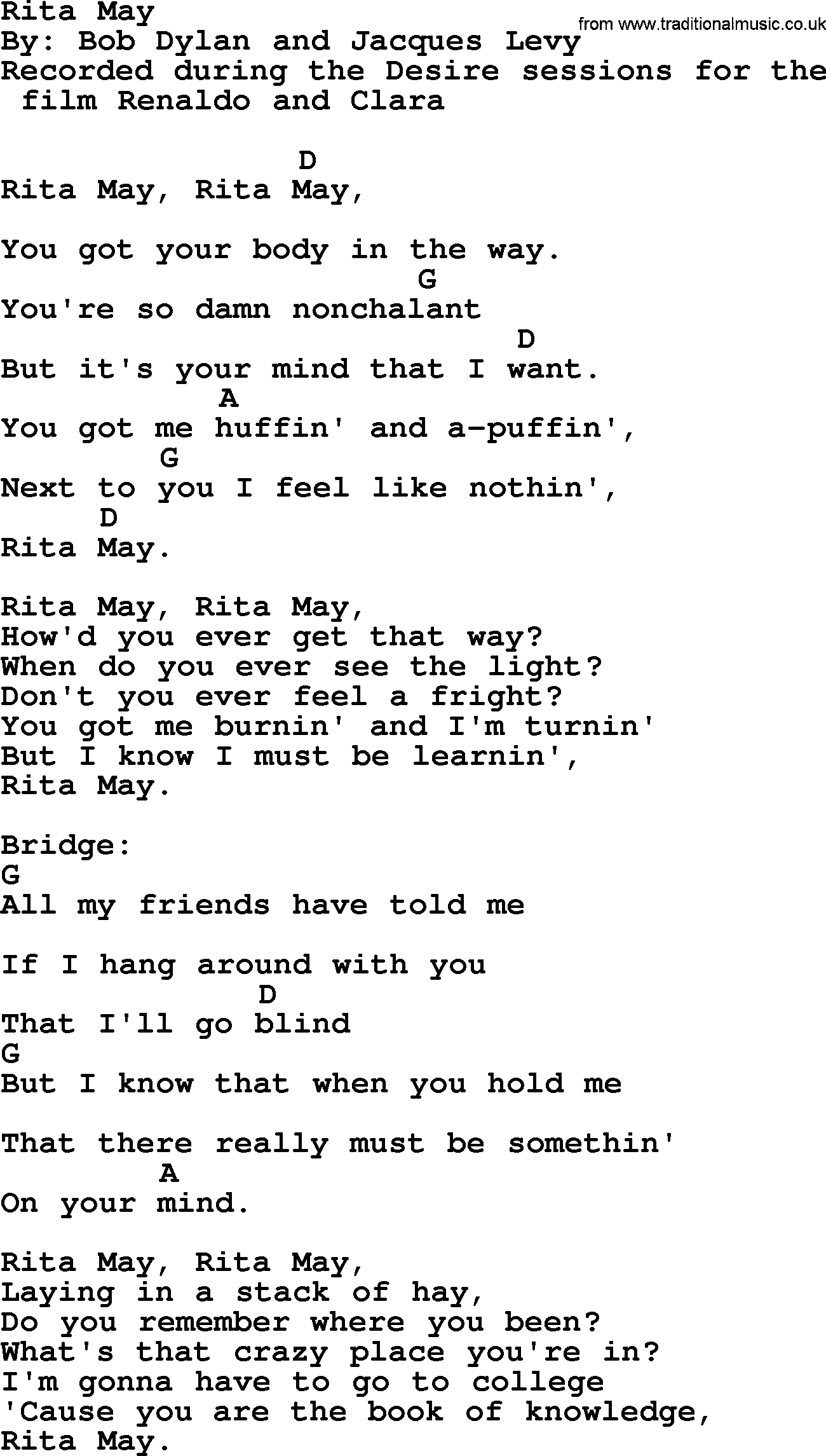 Bob Dylan song, lyrics with chords - Rita May