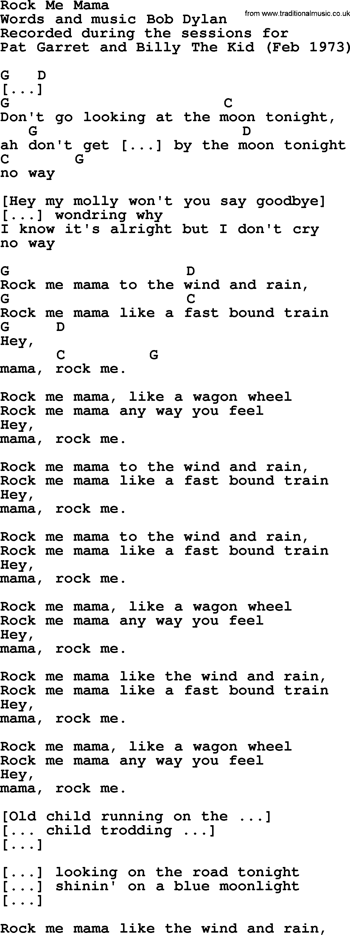 Bob Dylan song, lyrics with chords - Rock Me Mama