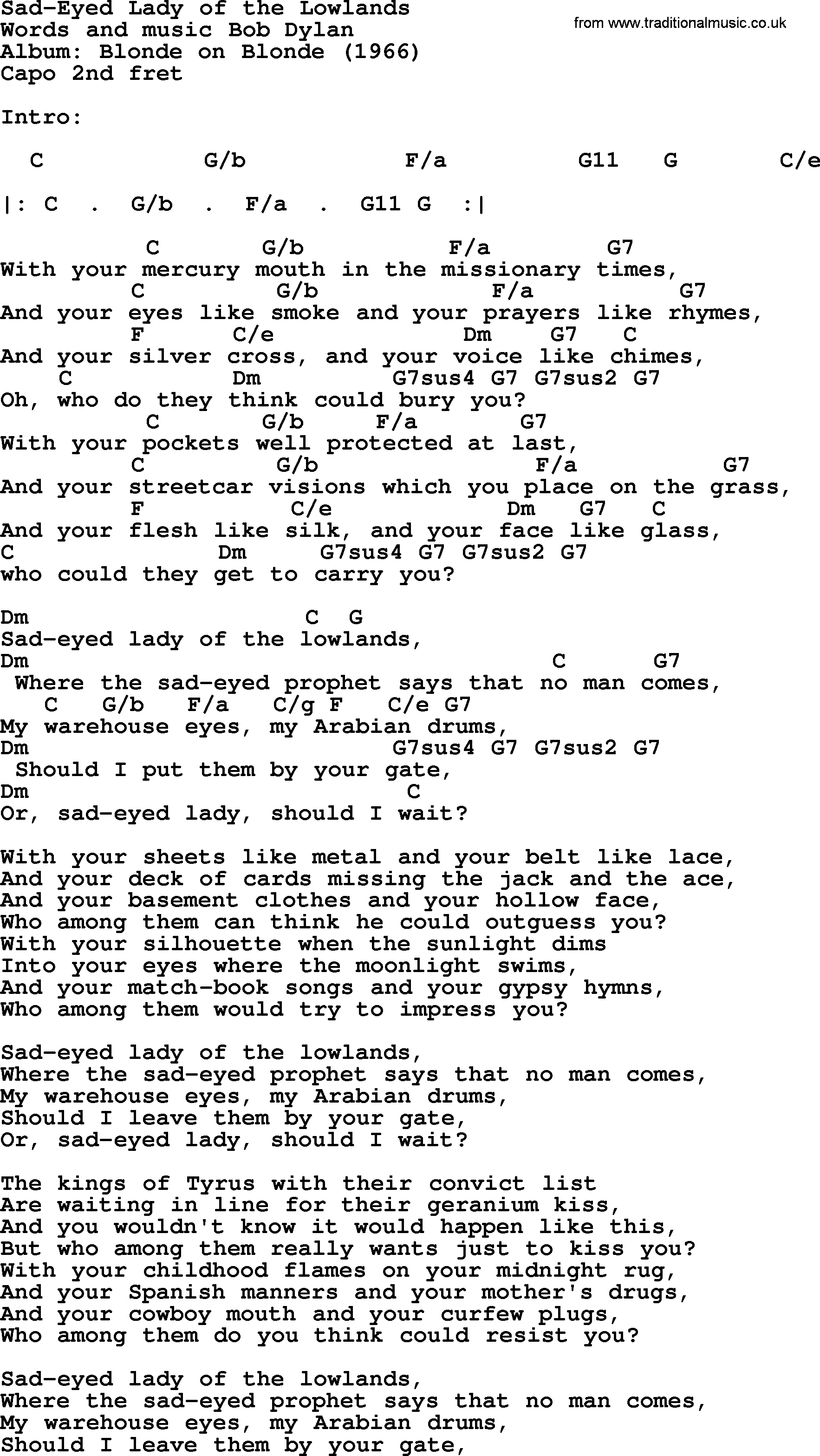 Bob Dylan song, lyrics with chords - Sad-Eyed Lady of the Lowlands