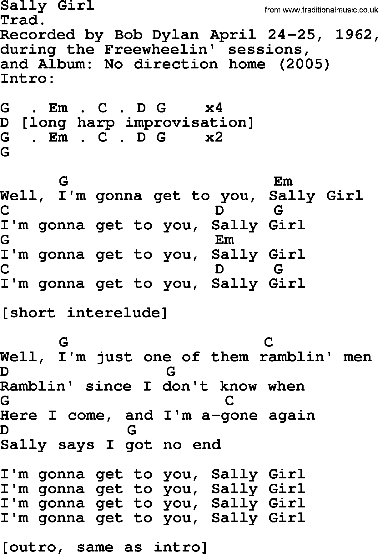 Bob Dylan song, lyrics with chords - Sally Girl