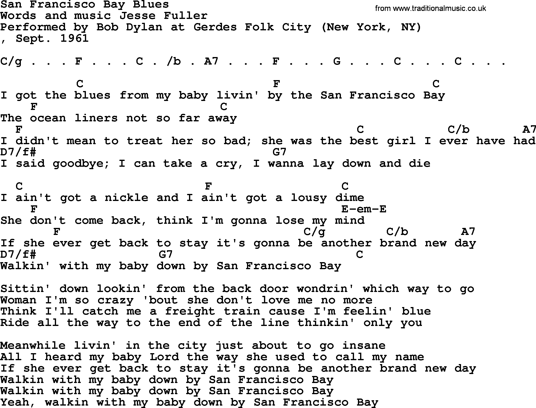 Bob Dylan song, lyrics with chords - San Francisco Bay Blues
