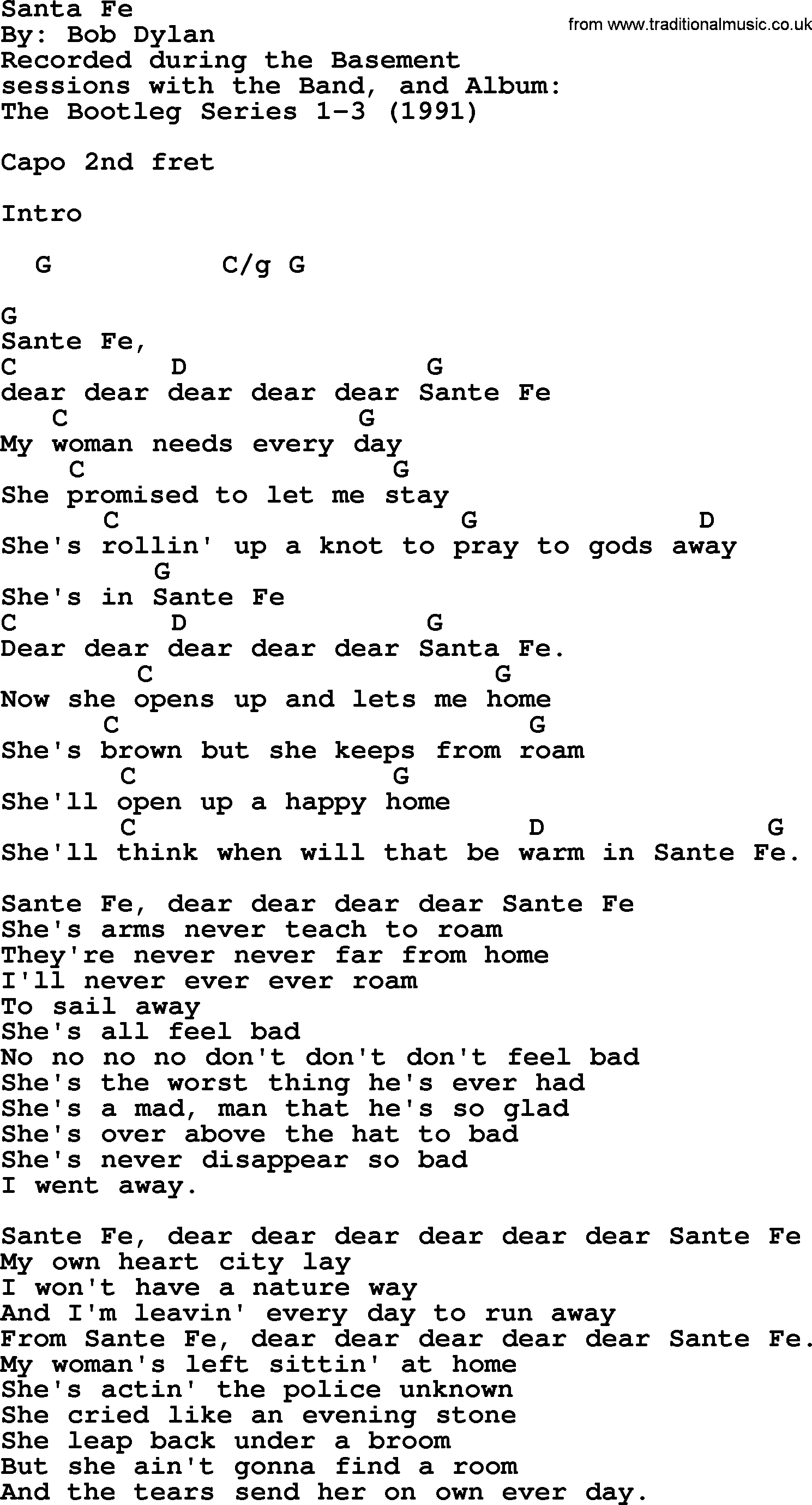 Bob Dylan song, lyrics with chords - Santa Fe