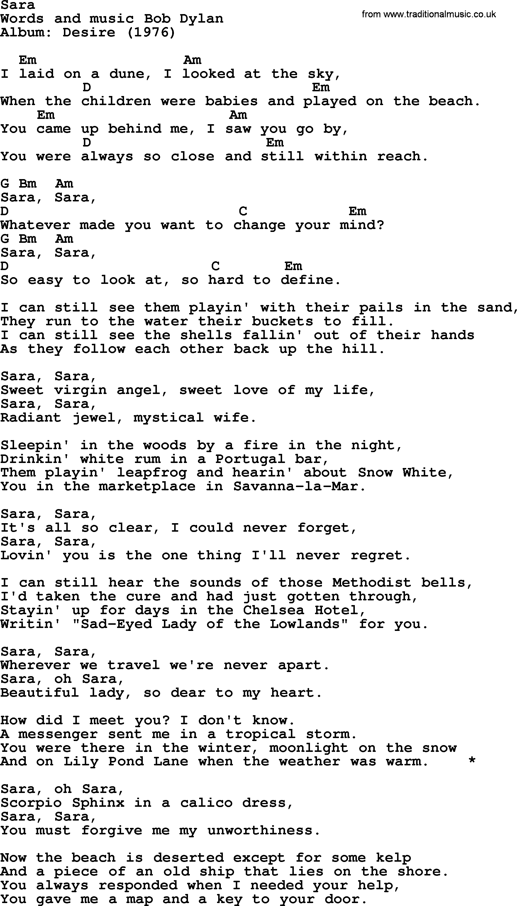 Bob Dylan song, lyrics with chords - Sara