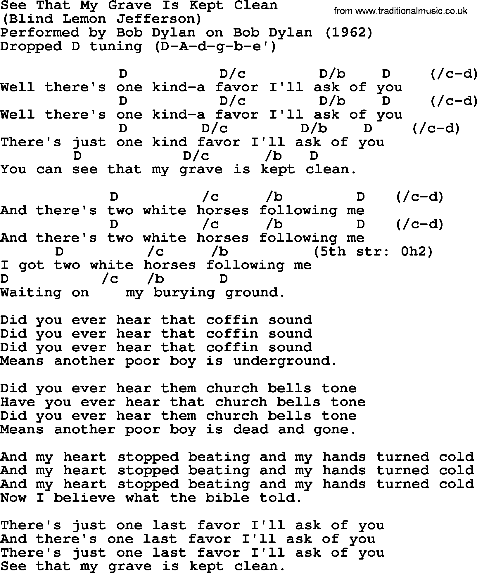 Bob Dylan song, lyrics with chords - See That My Grave Is Kept Clean