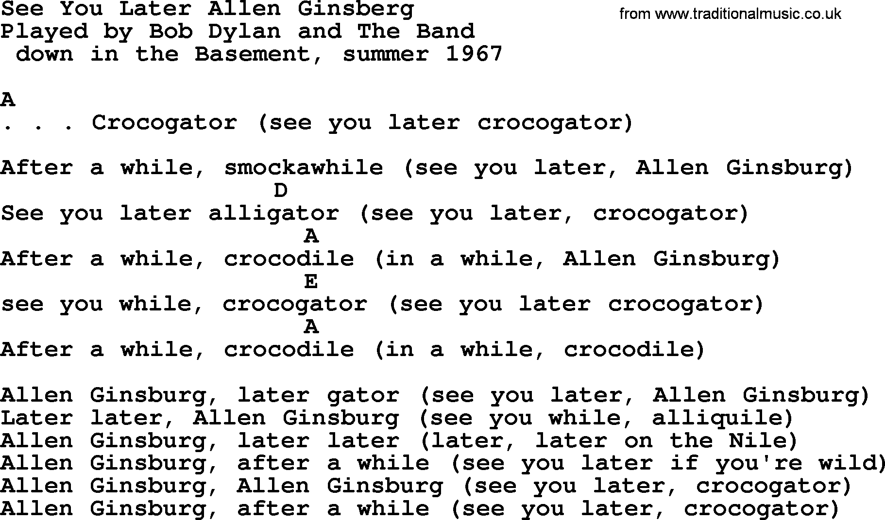 Bob Dylan song, lyrics with chords - See You Later Allen Ginsberg