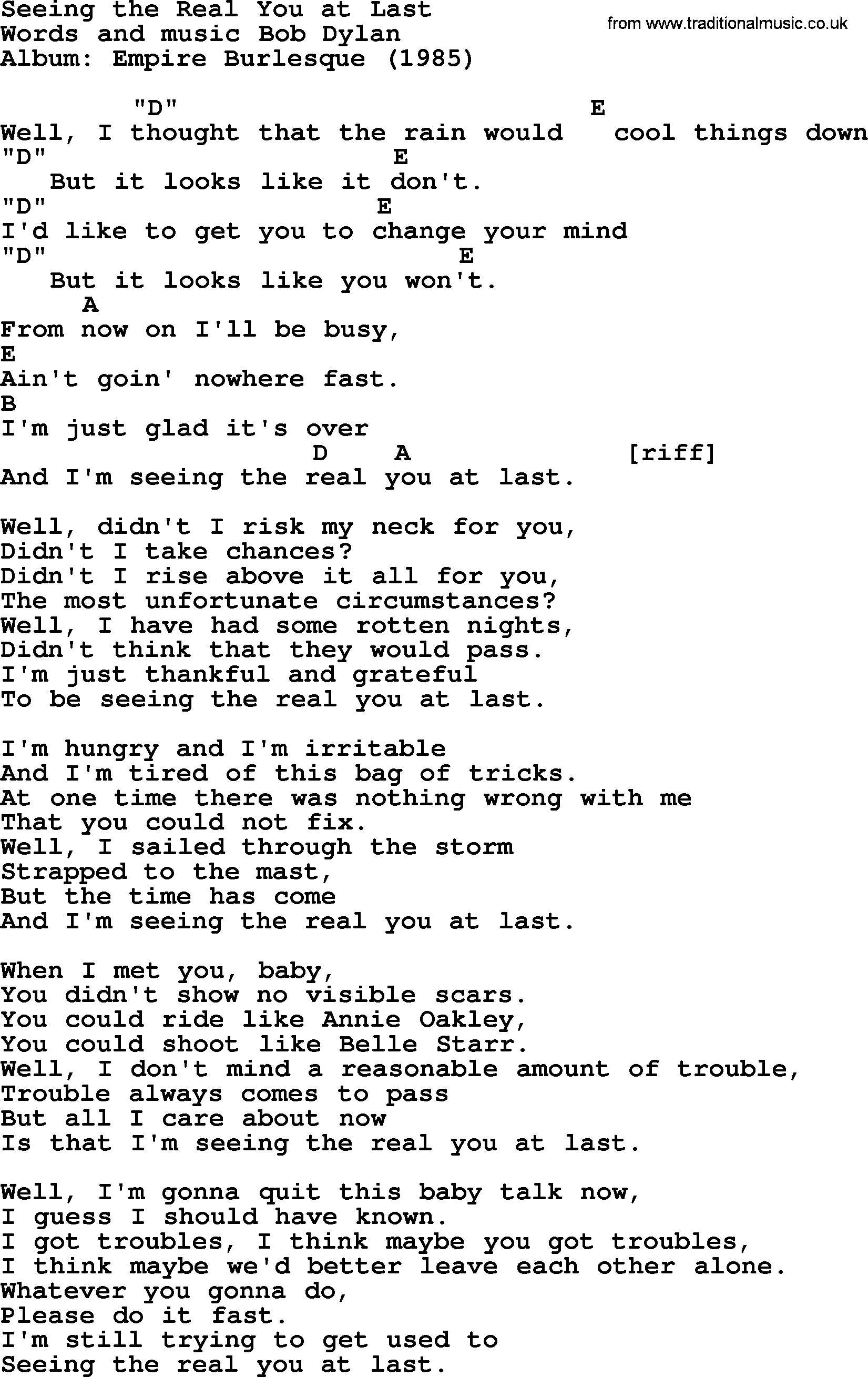Bob Dylan song, lyrics with chords - Seeing the Real You at Last