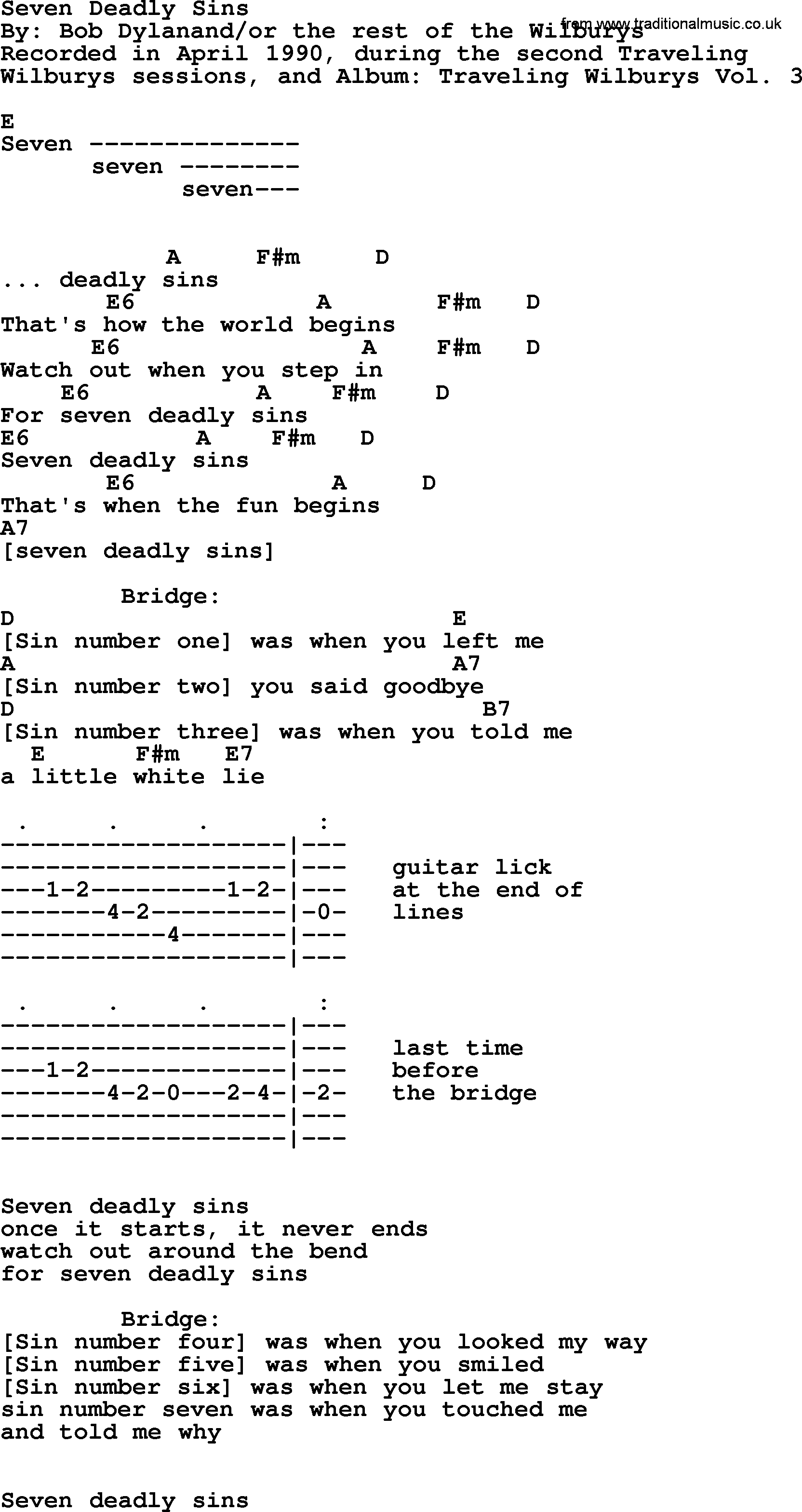Bob Dylan song, lyrics with chords - Seven Deadly Sins