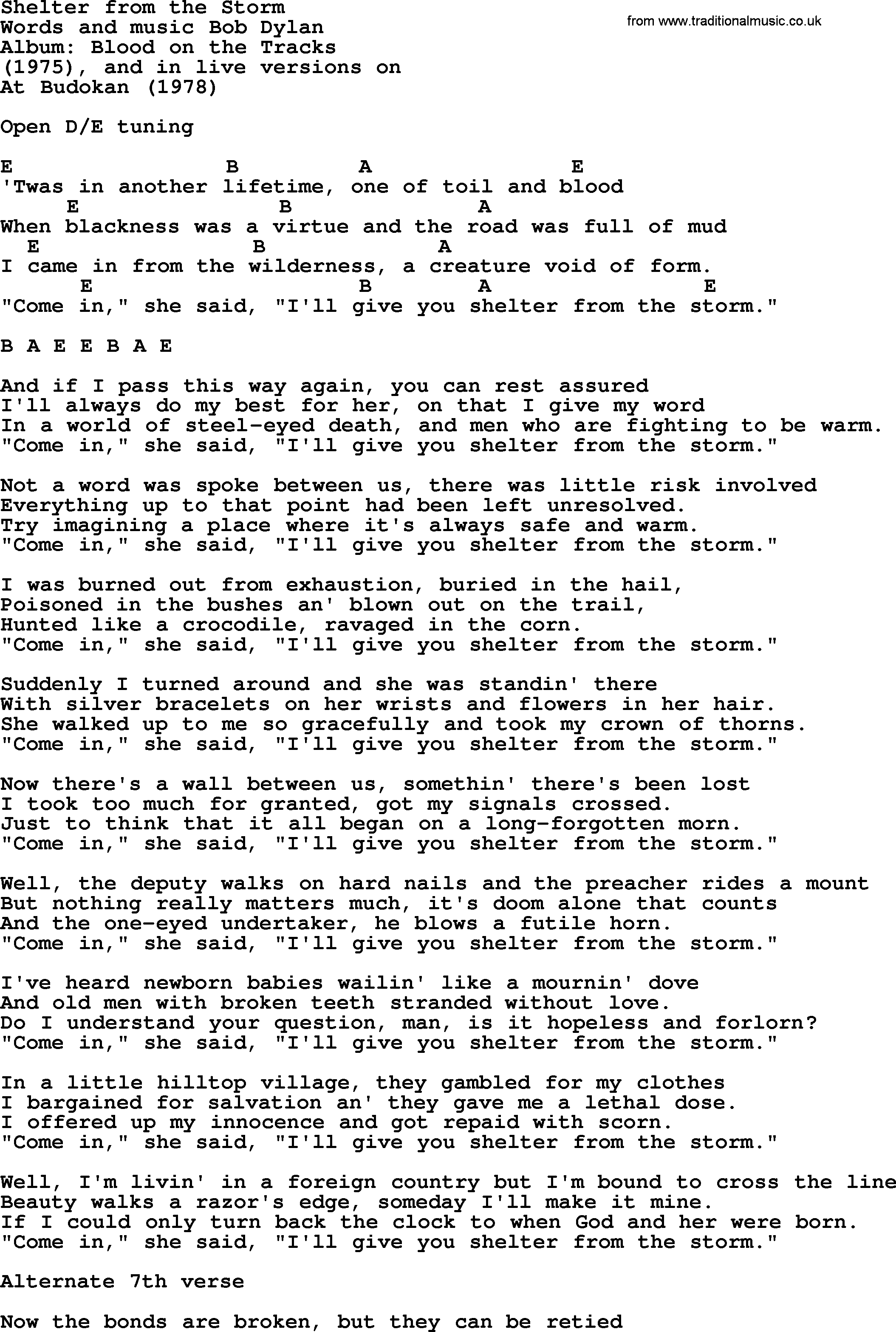 Bob Dylan song, lyrics with chords - Shelter from the Storm