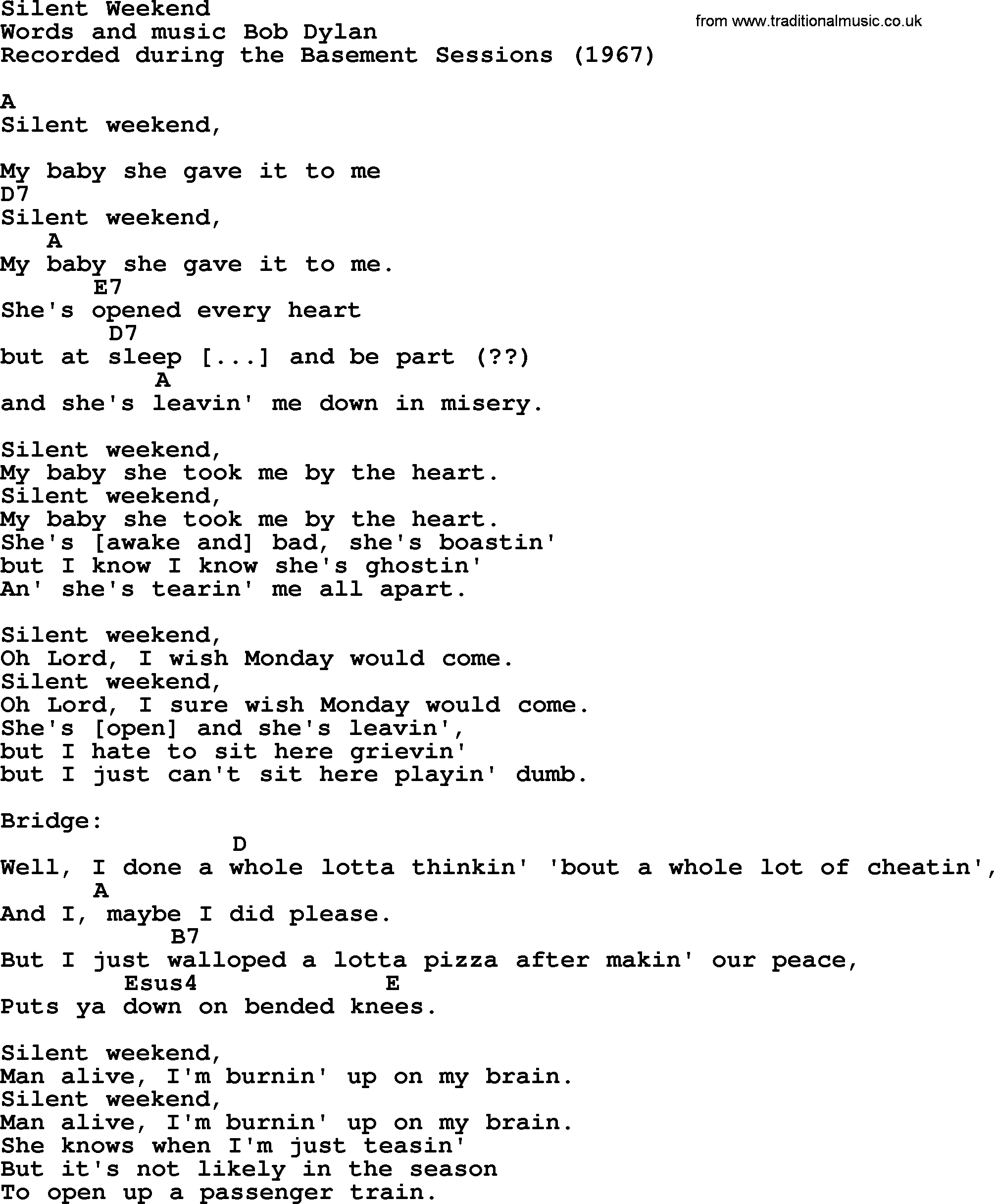 Bob Dylan song, lyrics with chords - Silent Weekend