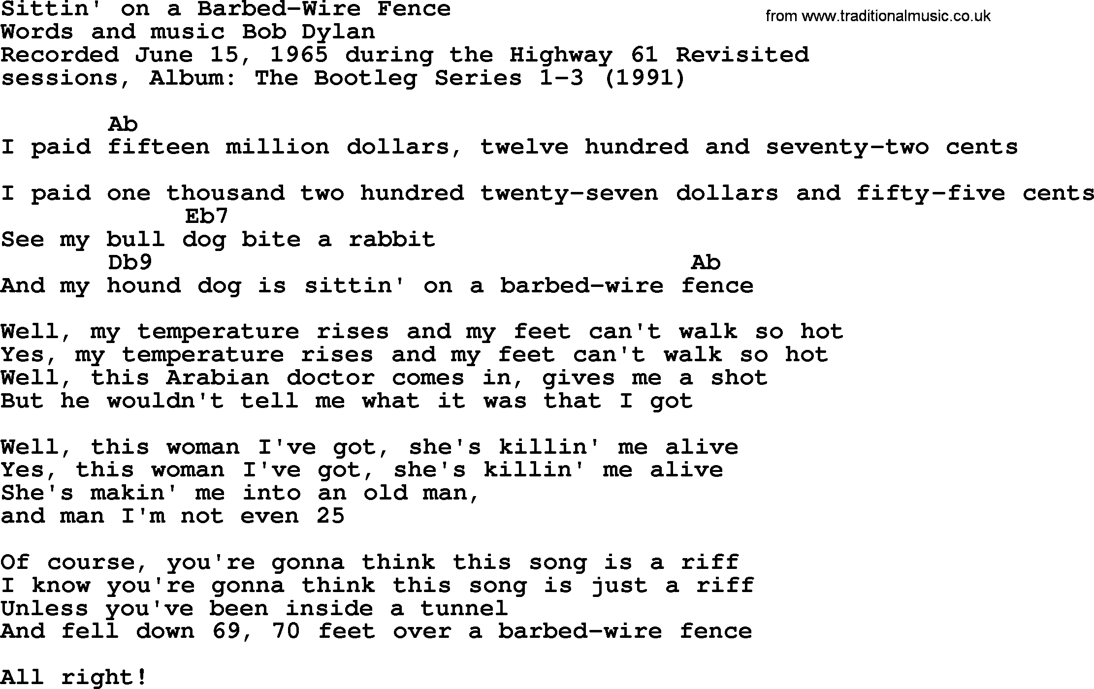 Bob Dylan song, lyrics with chords - Sittin' on a Barbed-Wire Fence