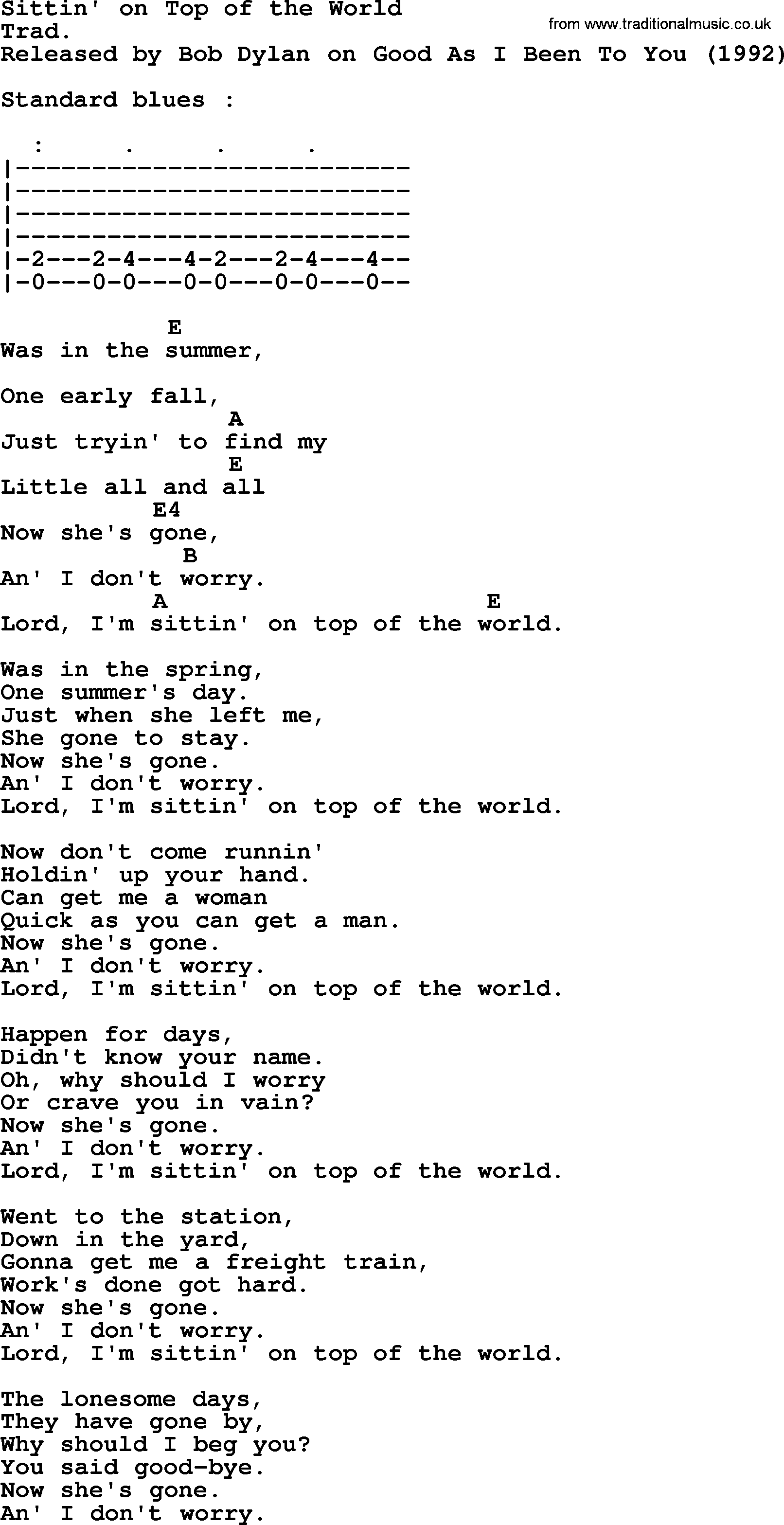 Bob Dylan song, lyrics with chords - Sittin' on Top of the World