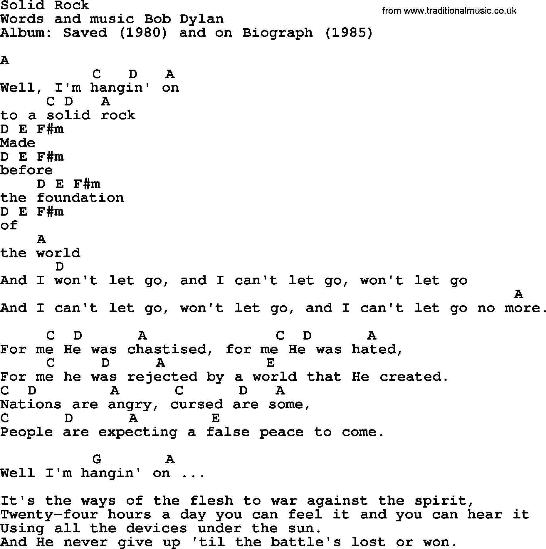 Bob Dylan song, lyrics with chords - Solid Rock