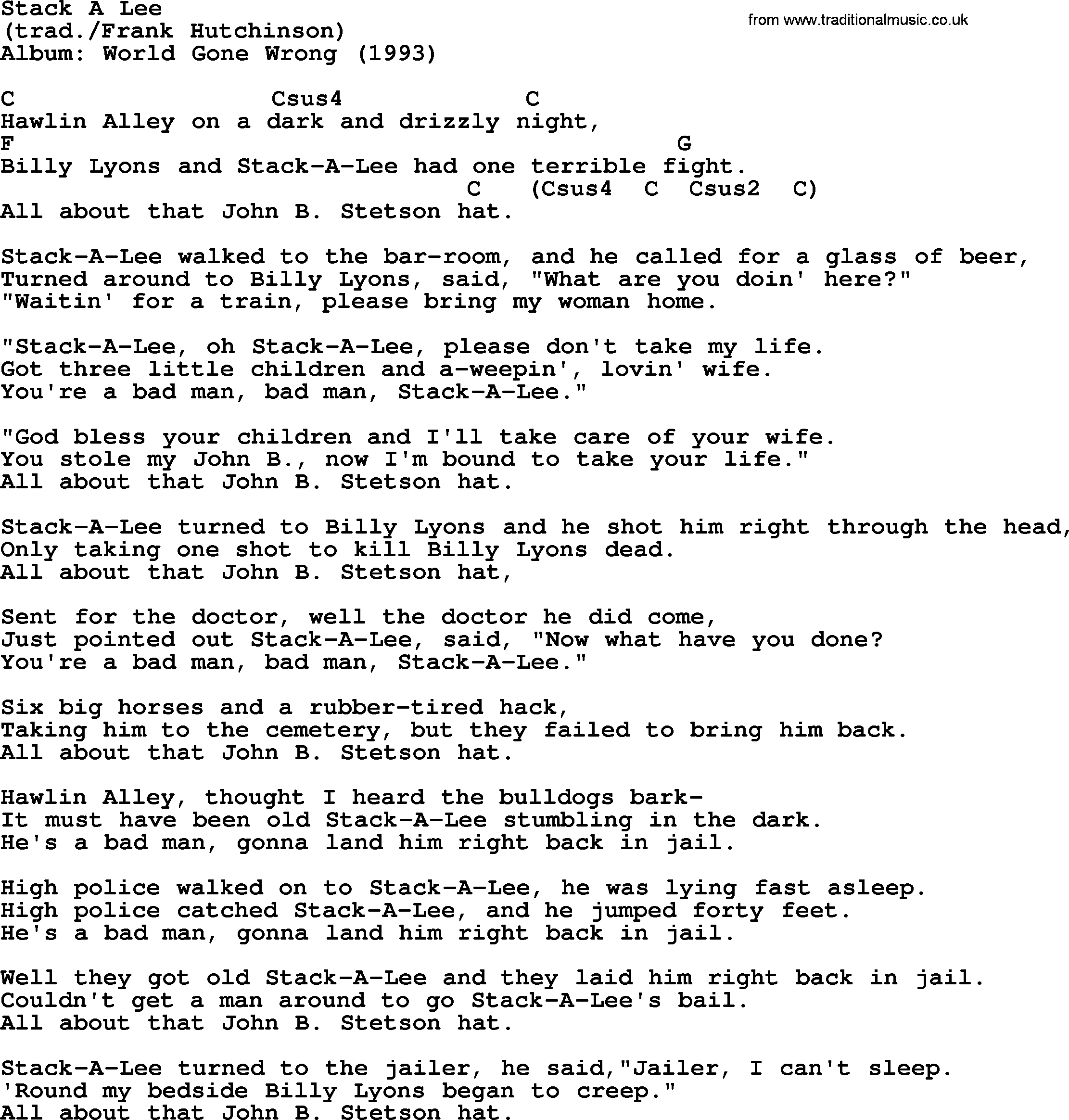 Bob Dylan song, lyrics with chords - Stack A Lee