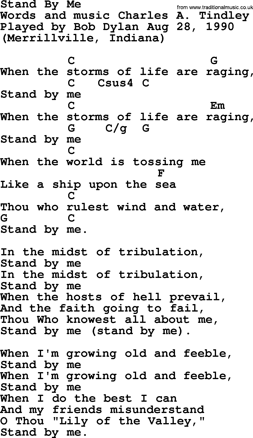 Bob Dylan song, lyrics with chords - Stand By Me