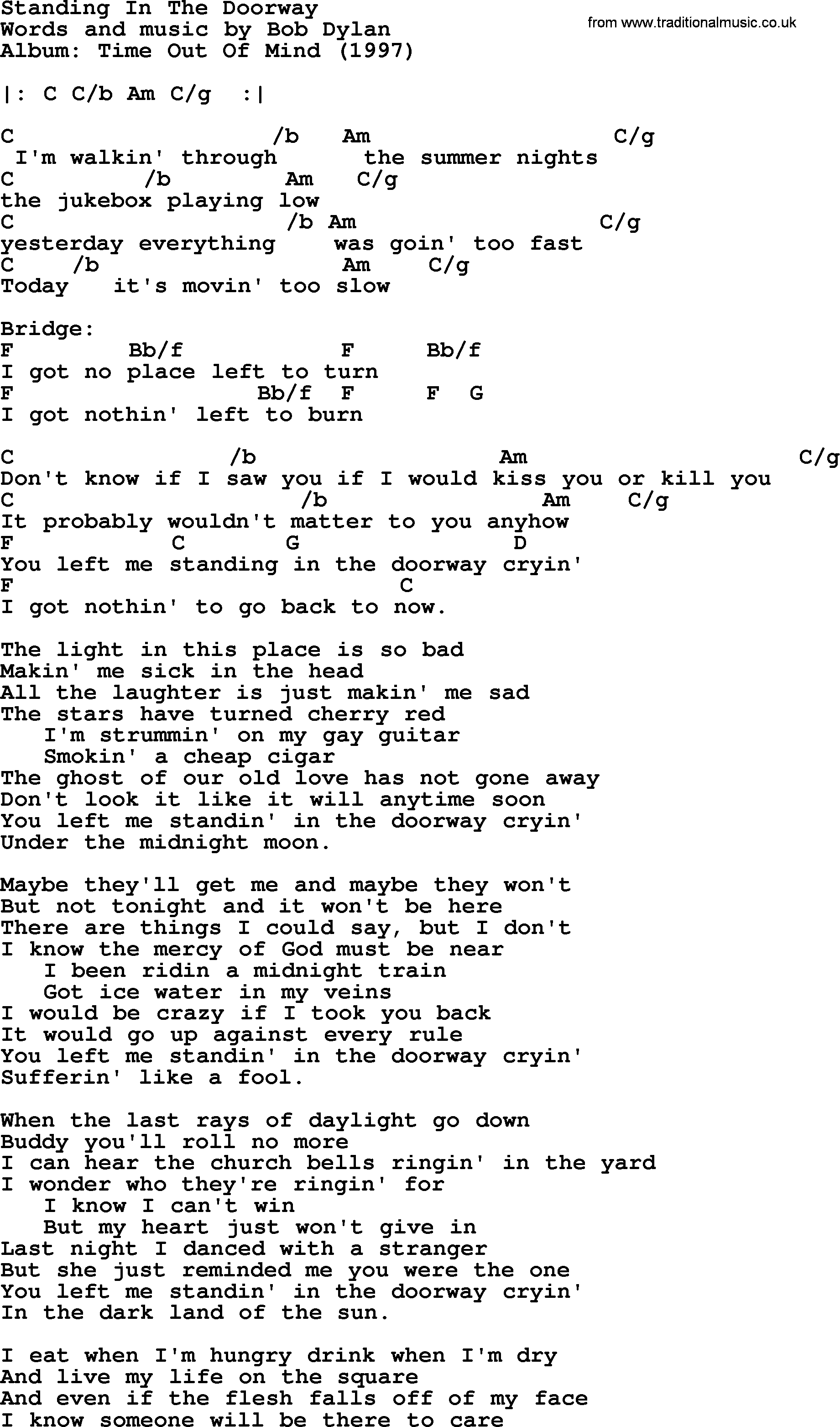Bob Dylan song, lyrics with chords - Standing In The Doorway