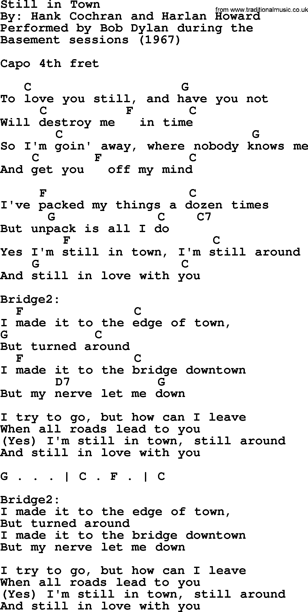 Bob Dylan song, lyrics with chords - Still in Town