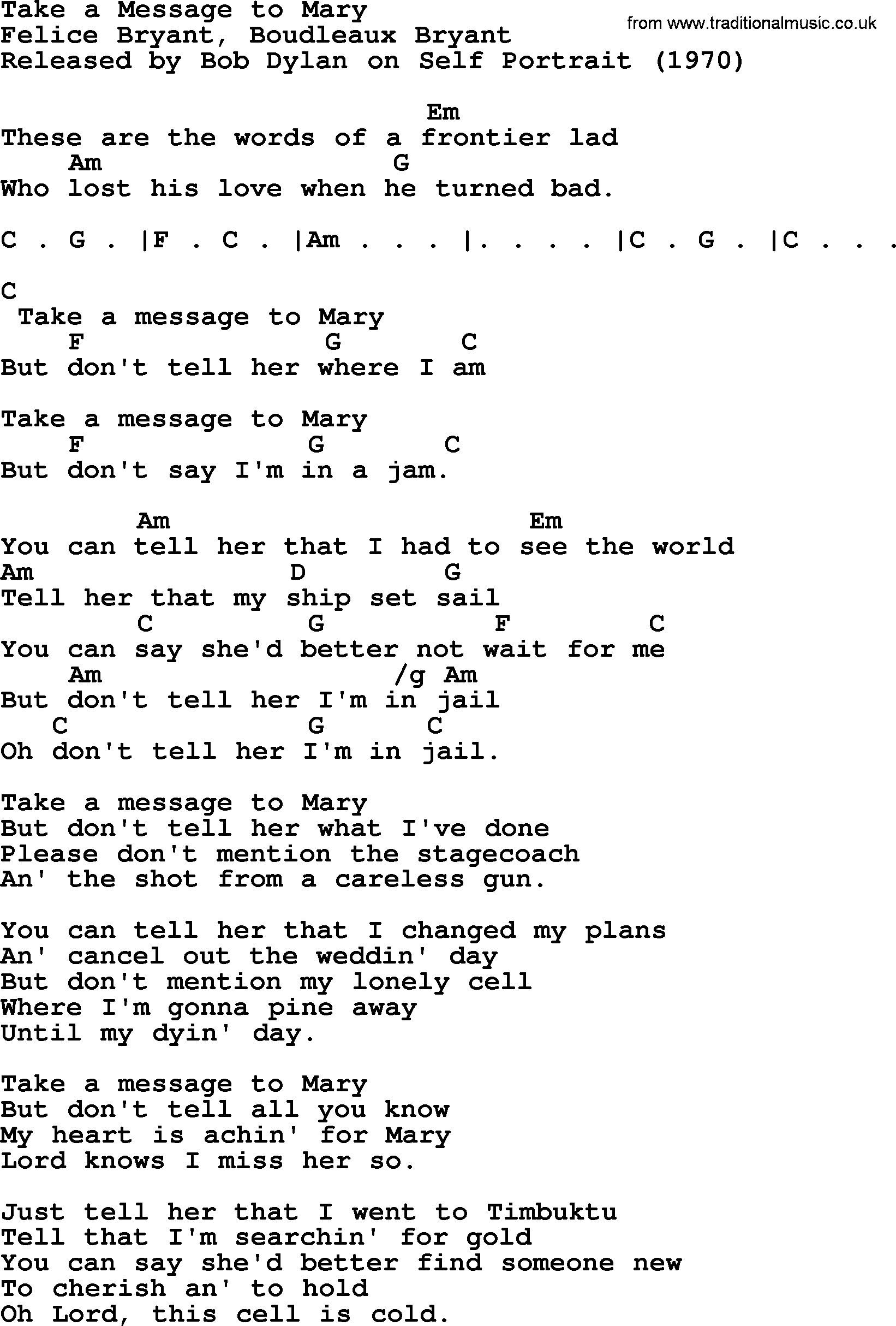 Bob Dylan song, lyrics with chords - Take a Message to Mary