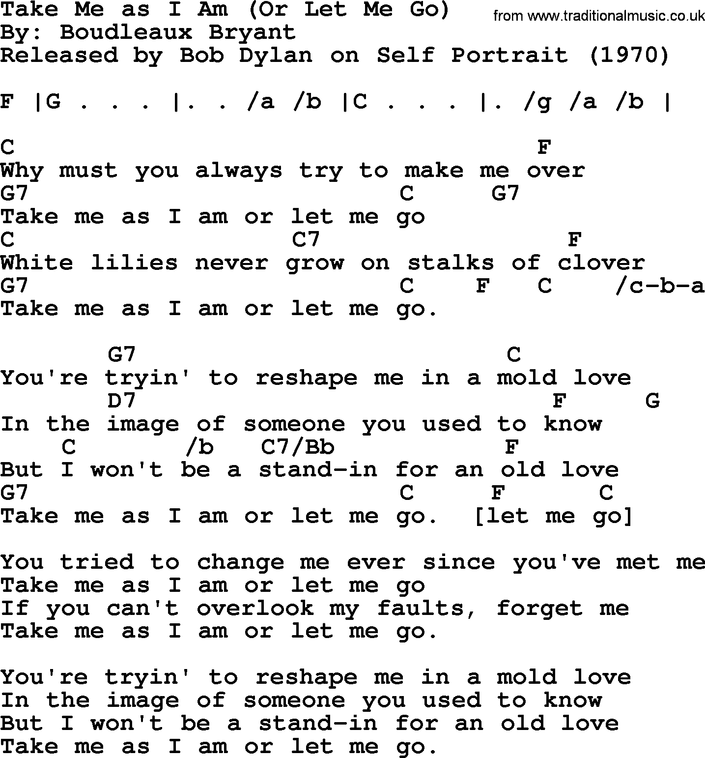 Bob Dylan song, lyrics with chords - Take Me as I Am (Or Let Me Go)