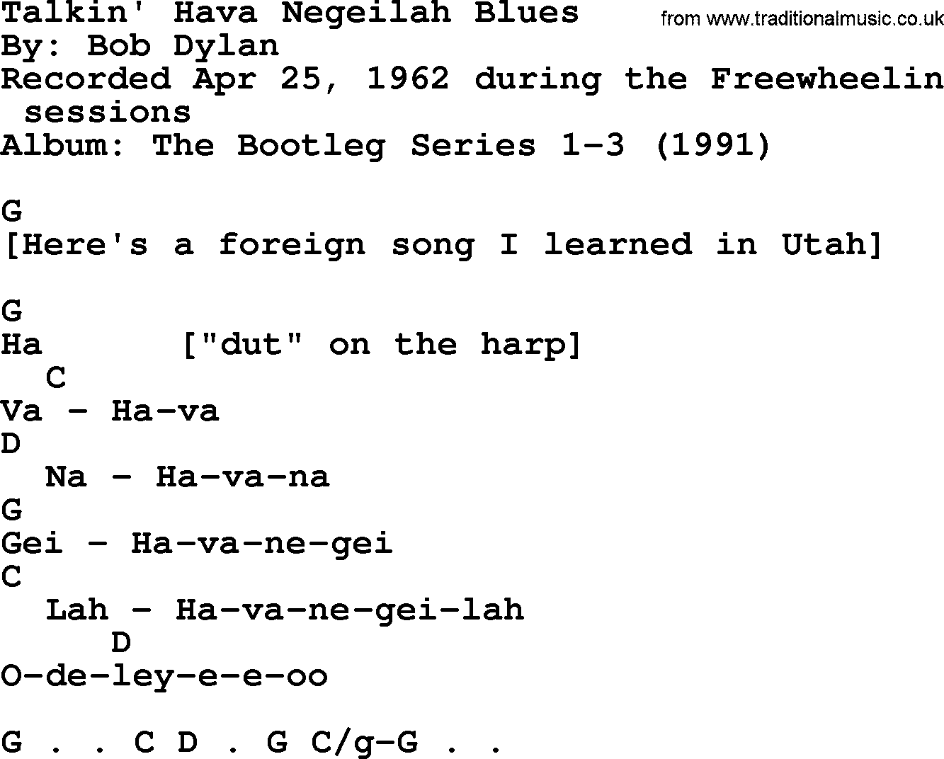 Bob Dylan song, lyrics with chords - Talkin' Hava Negeilah Blues