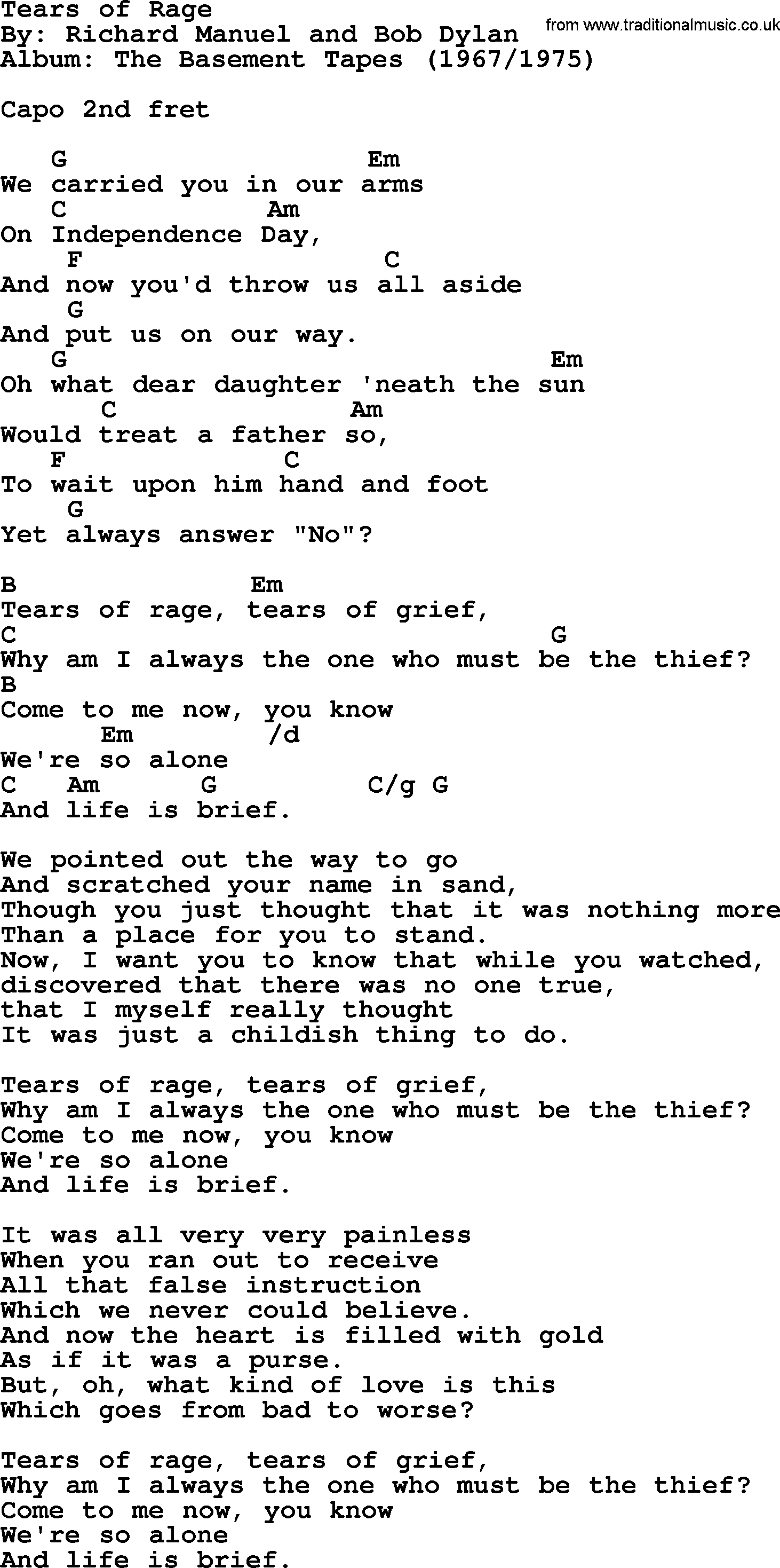 Bob Dylan song, lyrics with chords - Tears of Rage