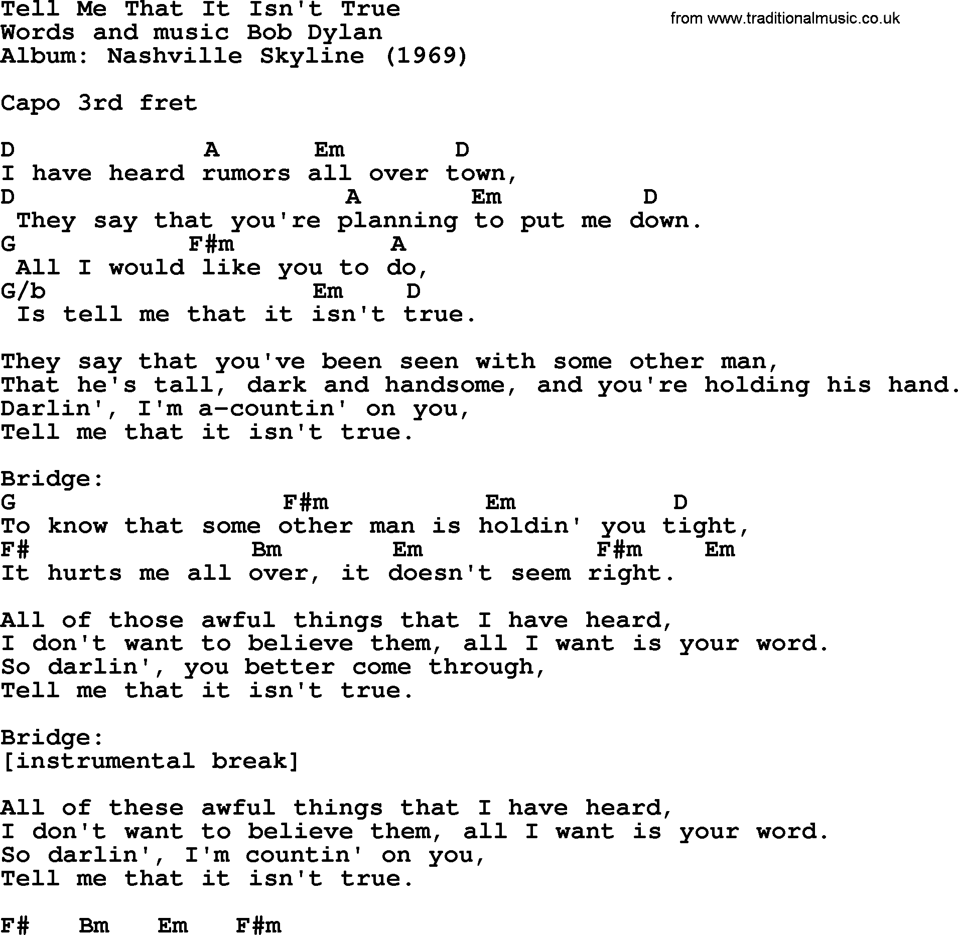 Bob Dylan song, lyrics with chords - Tell Me That It Isn't True