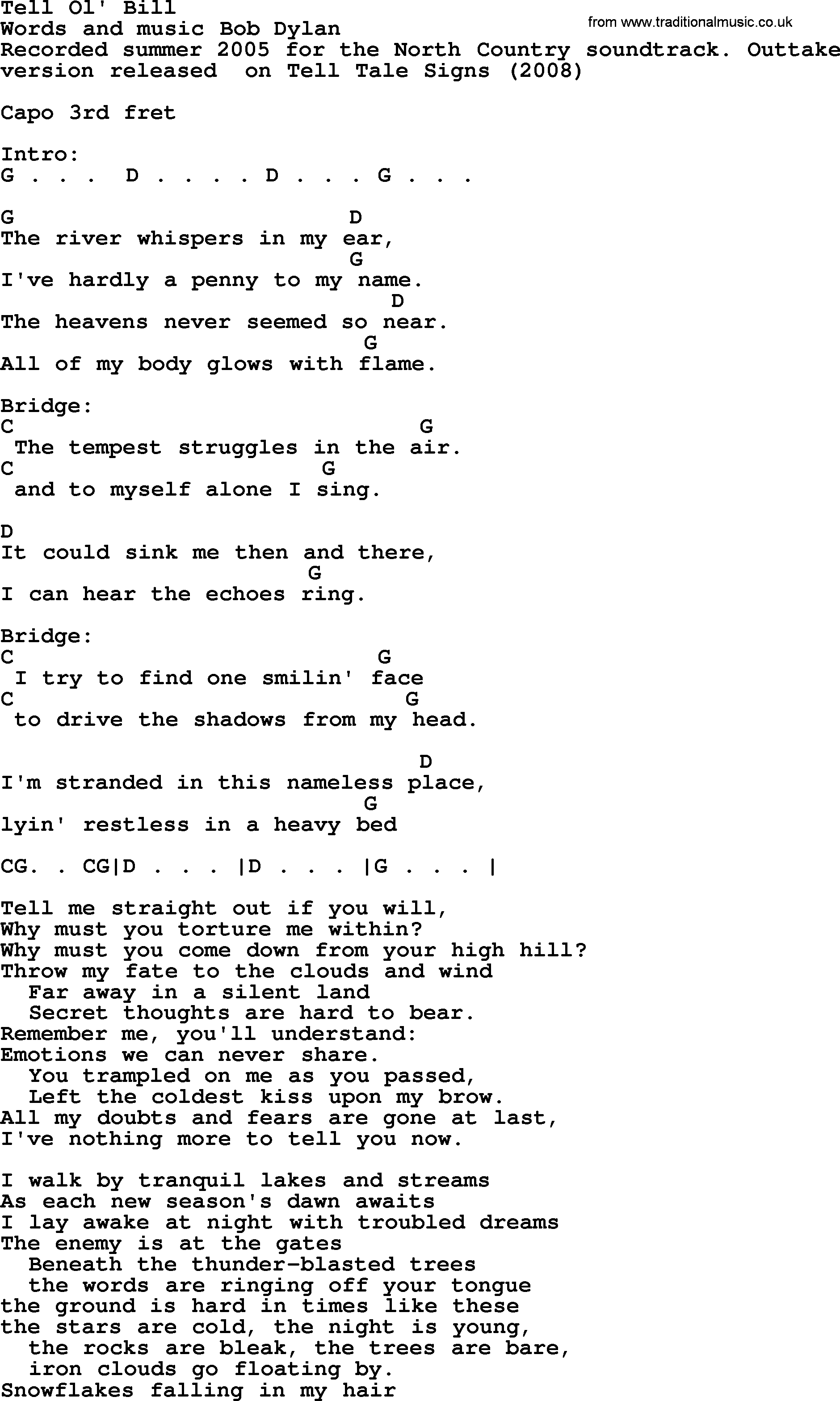 Bob Dylan song, lyrics with chords - Tell Ol' Bill