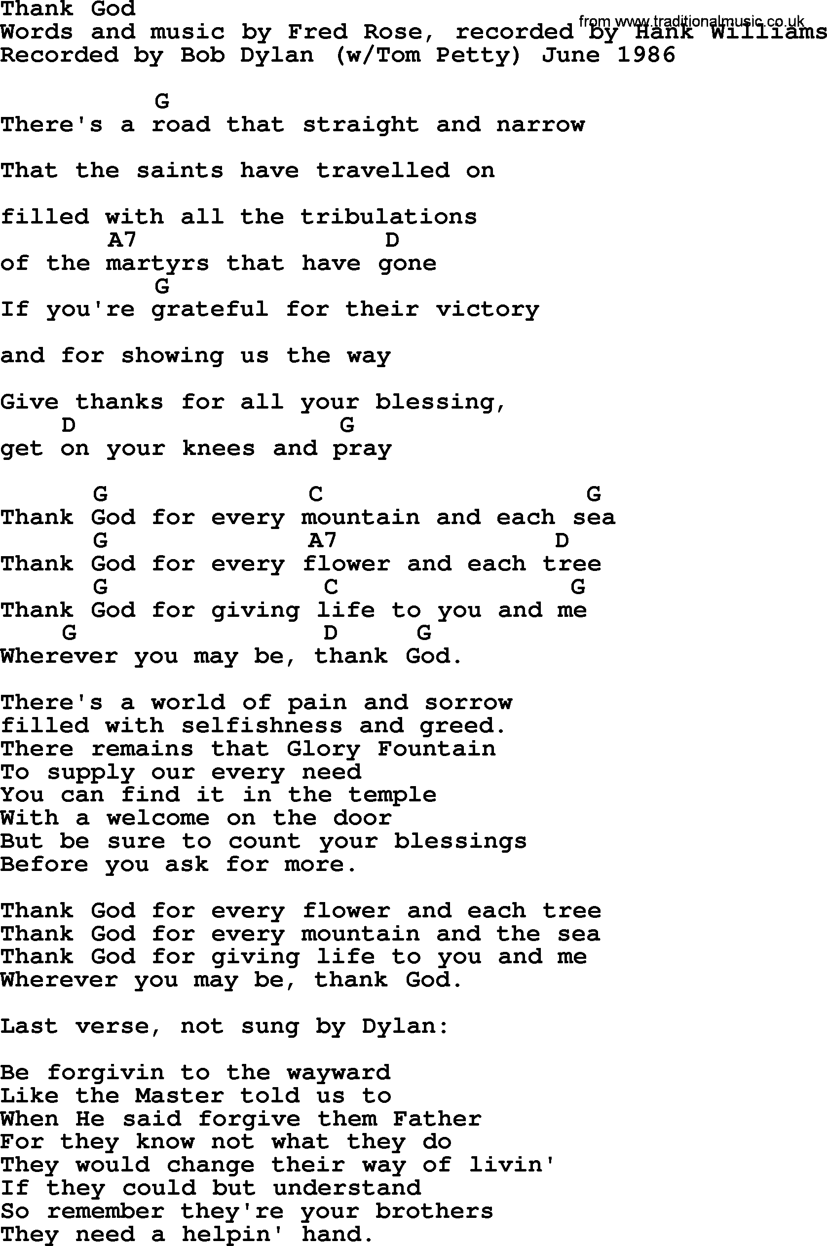 Bob Dylan song, lyrics with chords - Thank God