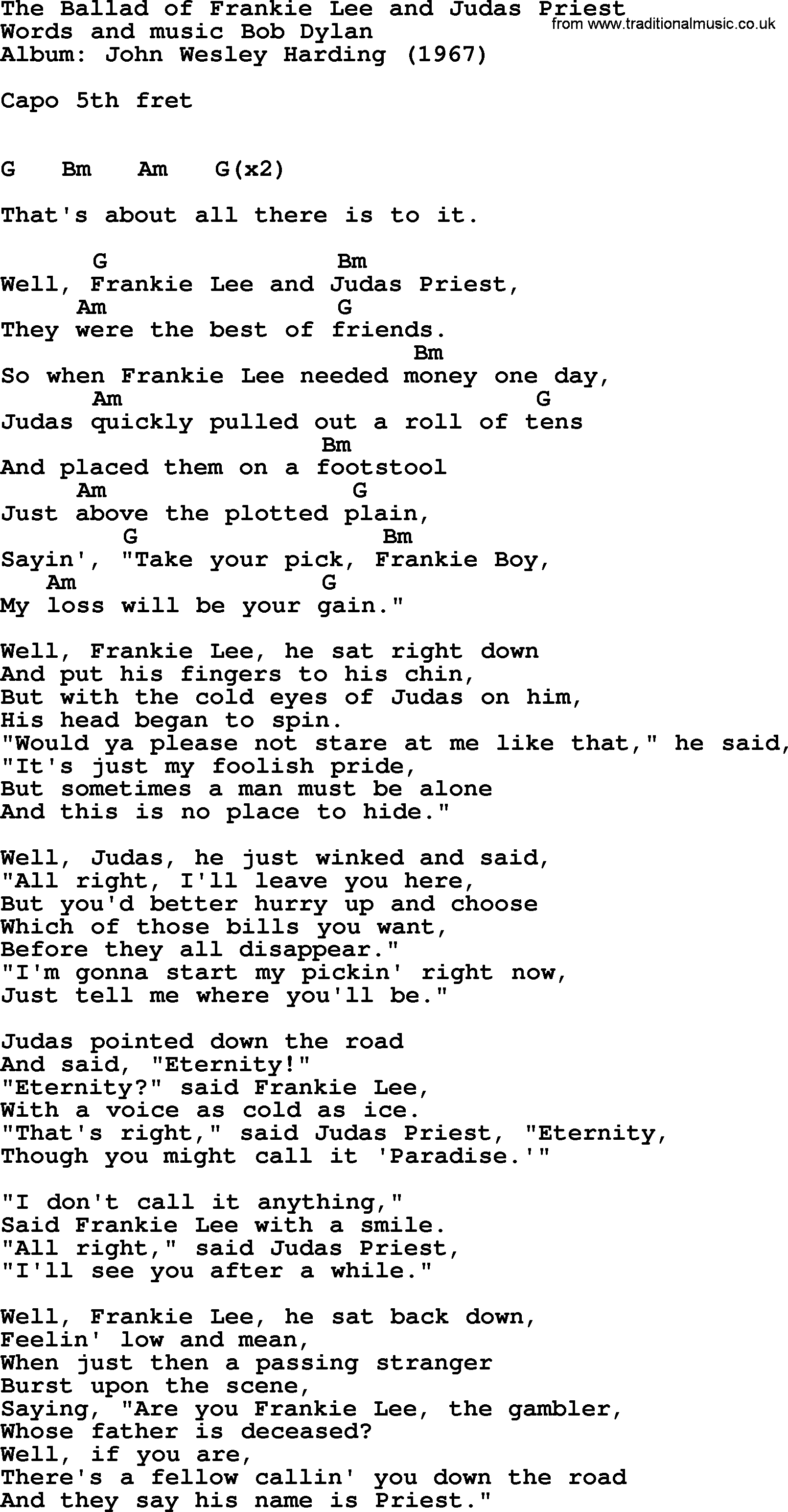 Bob Dylan song, lyrics with chords - The Ballad of Frankie Lee and Judas Priest
