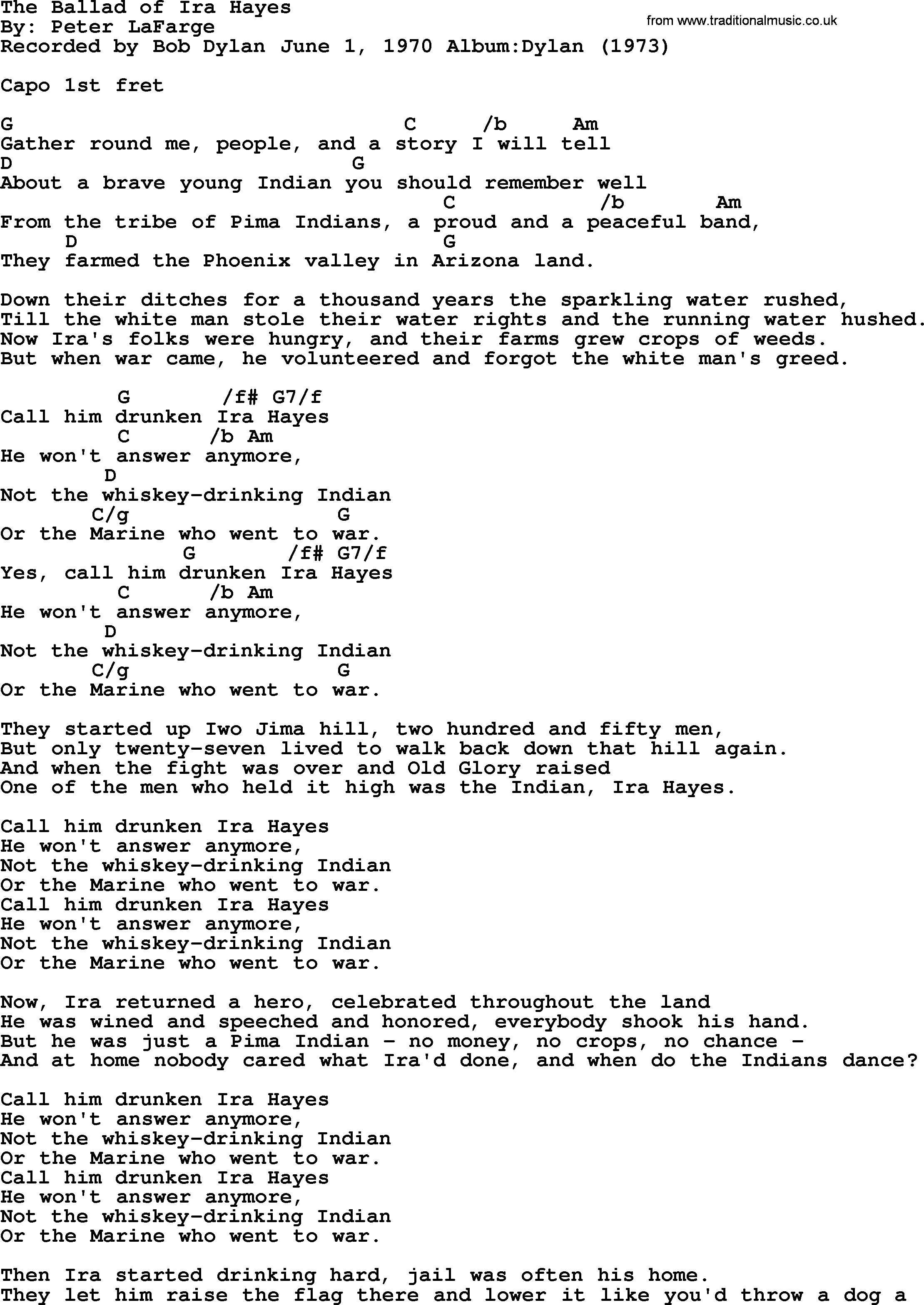 Bob Dylan song, lyrics with chords - The Ballad of Ira Hayes
